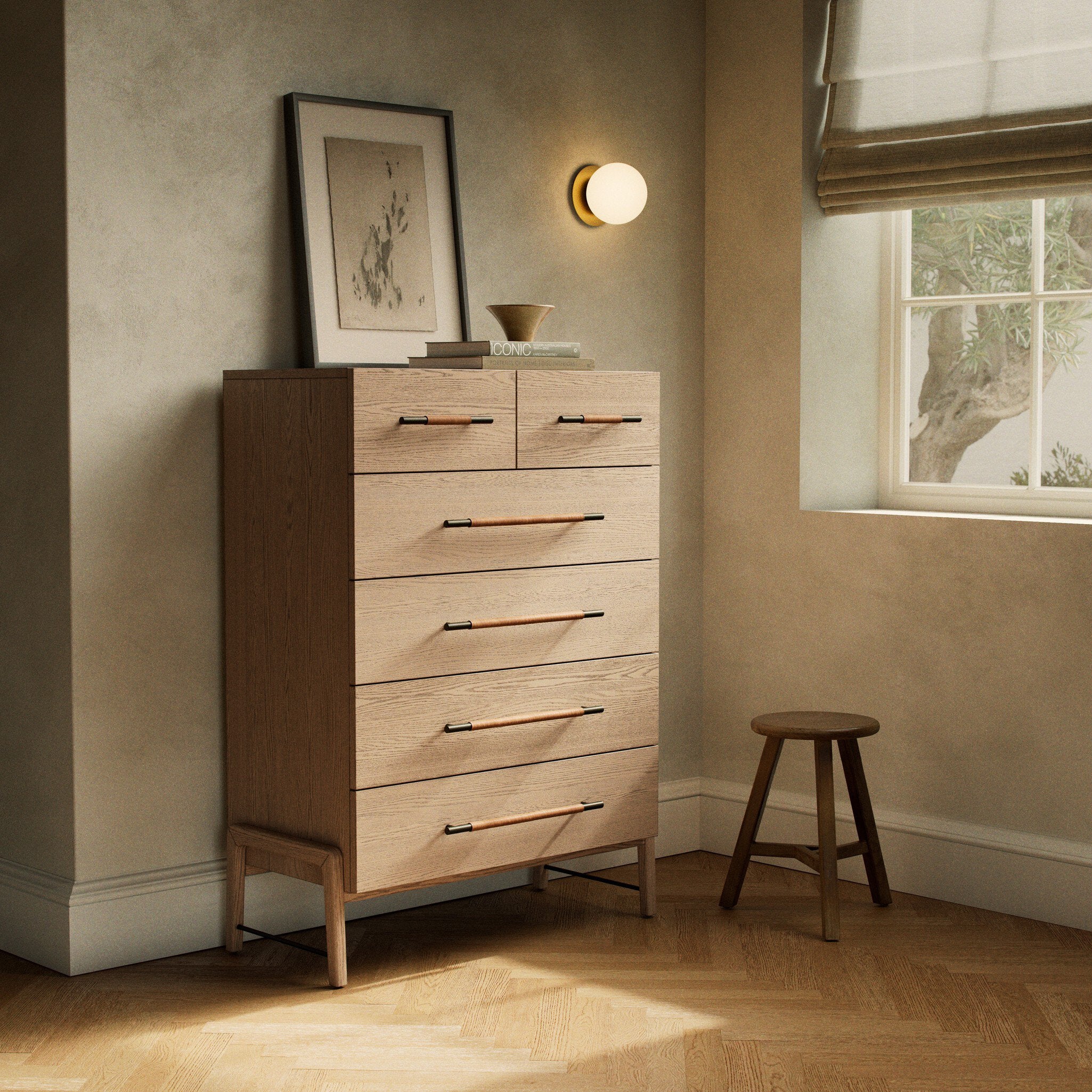 Four Hands Rosedale 6 Drawer Tall Dresser — Yucca Oak Veneer-Chaps Sand-Gunmetal