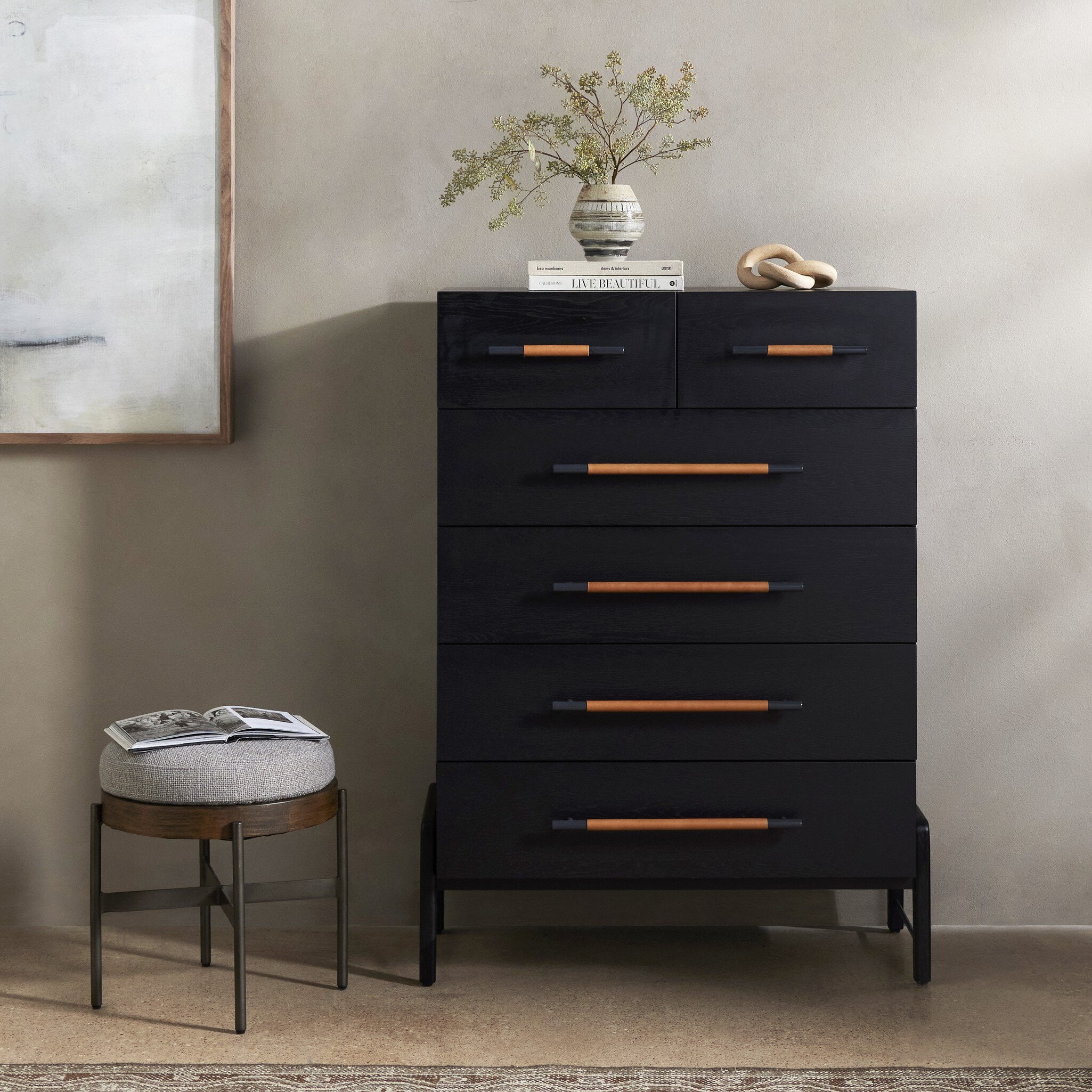 Four Hands Rosedale 6 Drawer Tall Dresser — Ebony Oak-Chaps Sand-Gunmetal