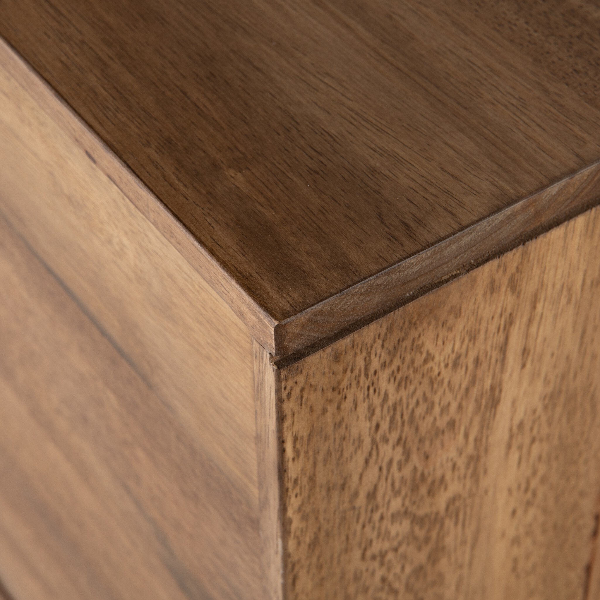 Four Hands Reza Media Console — Smoked Honey-Toasted Acacia-Raw Brass