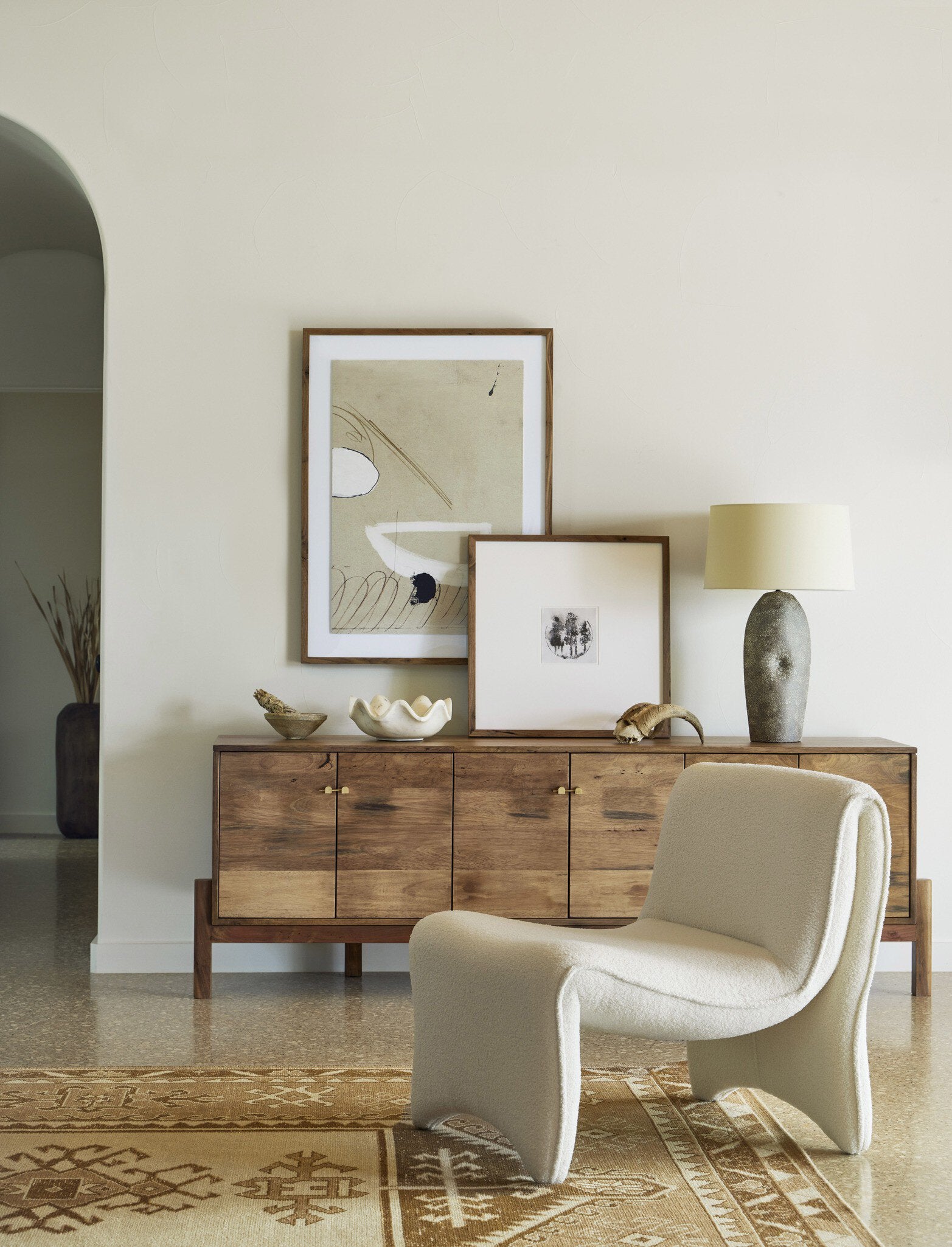 Four Hands Reza Media Console — Smoked Honey-Toasted Acacia-Raw Brass
