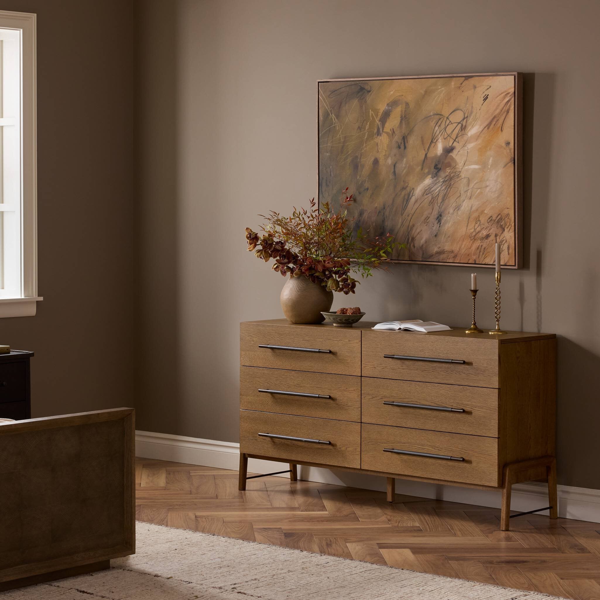 Four Hands Rosedale 6 Drawer Dresser — Amber Oak-Chaps Ebony-Burnished Bronze
