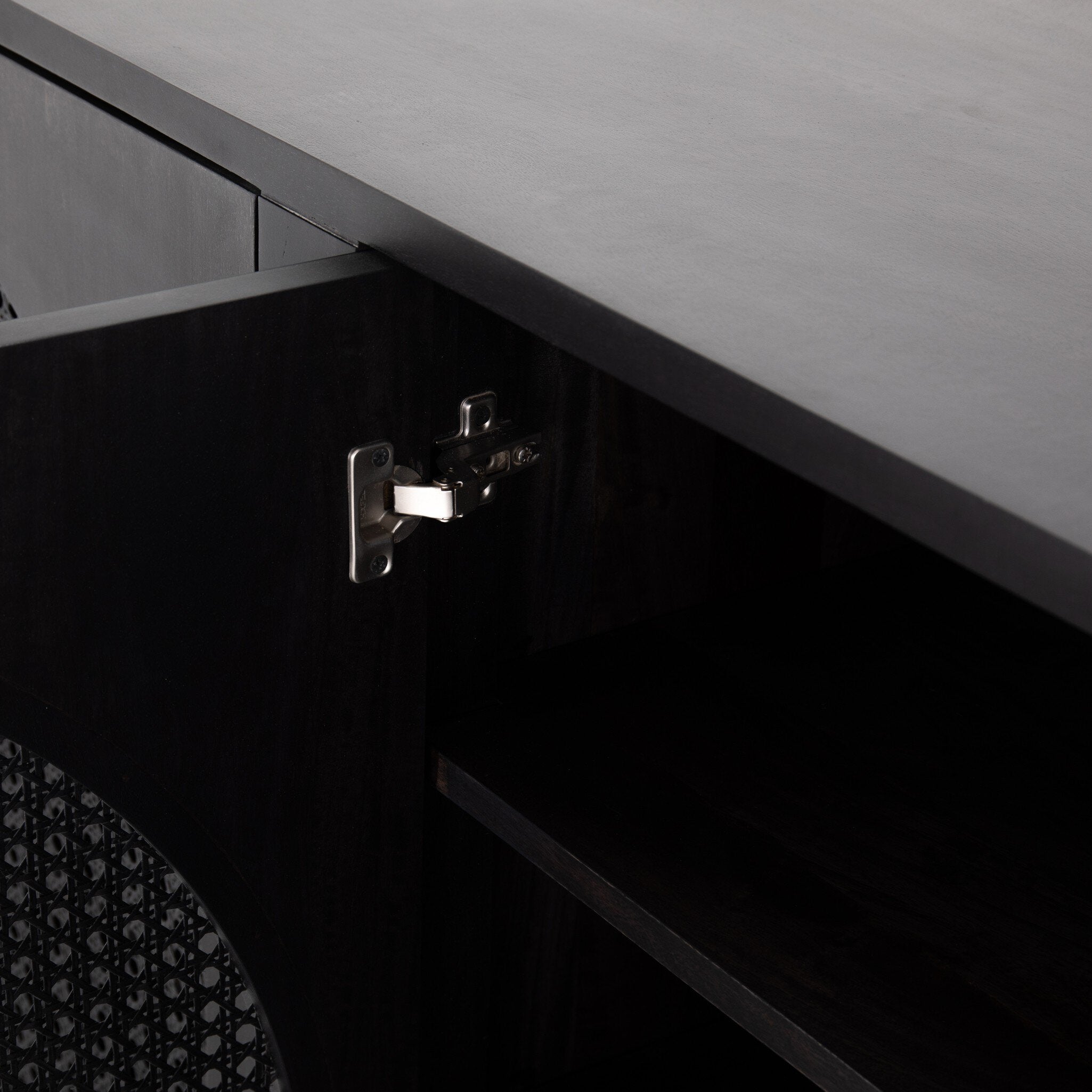 Four Hands Tilda Sideboard — Black Wash Mango-Black Circle Cane-Black Iron