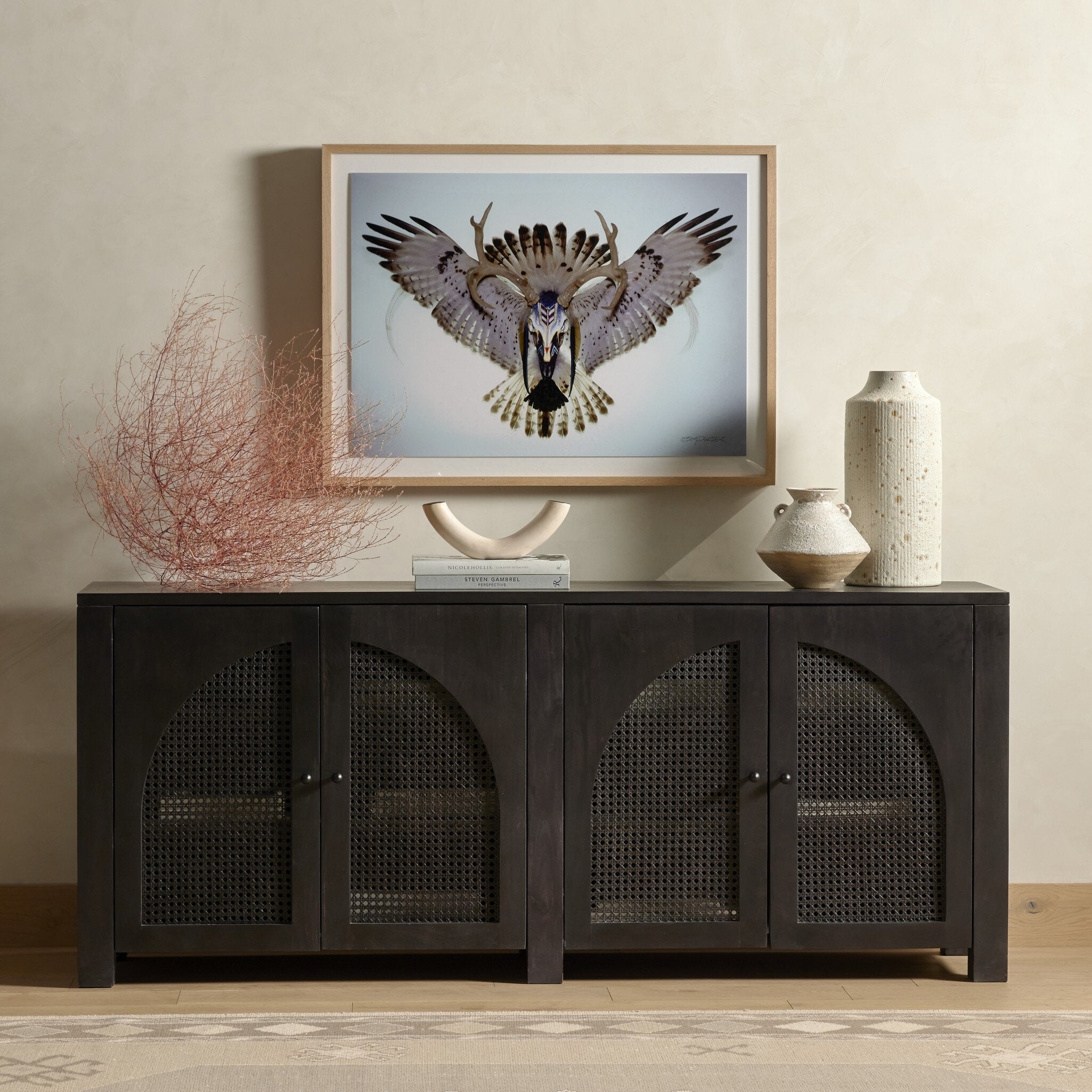Four Hands Tilda Sideboard — Black Wash Mango-Black Circle Cane-Black Iron