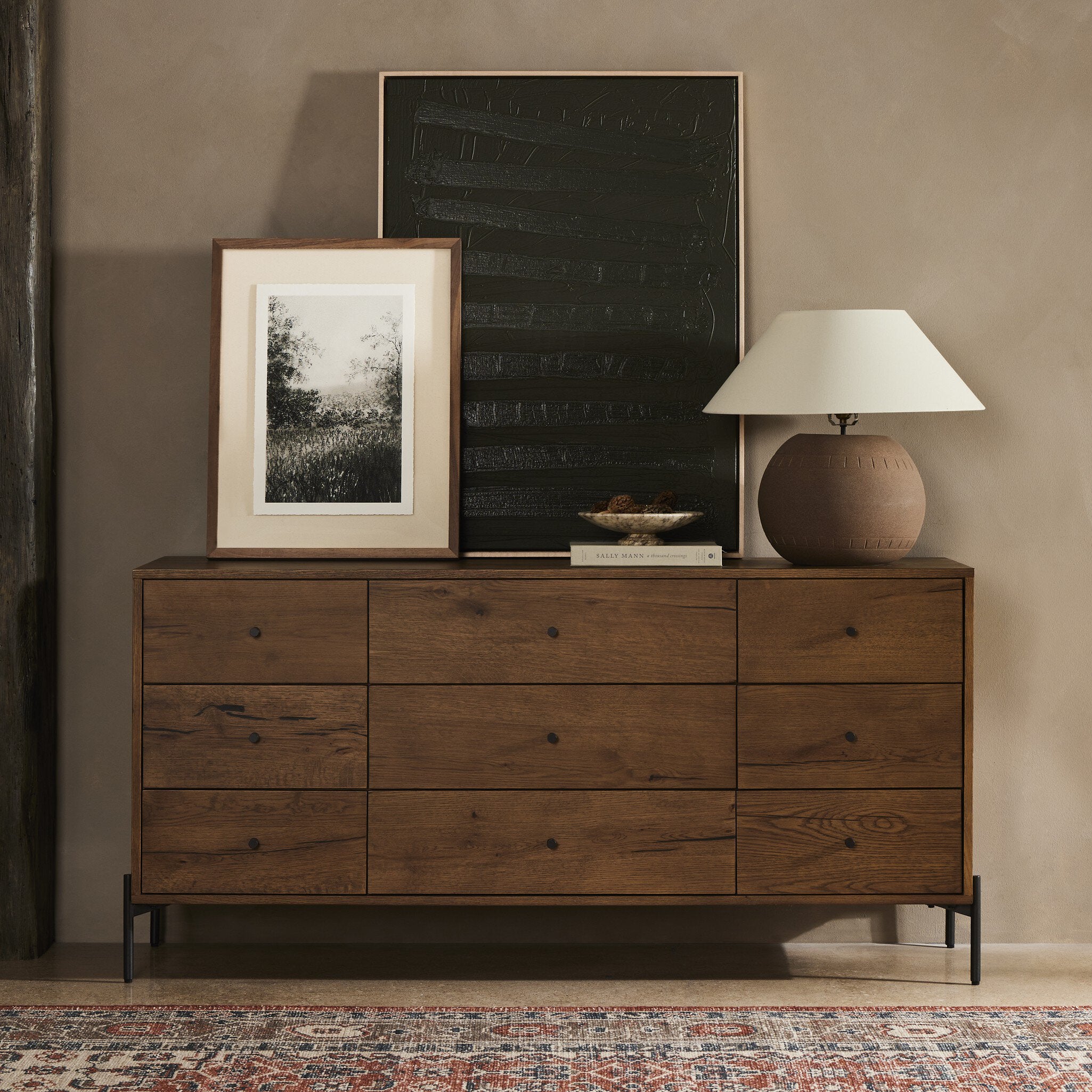 Four Hands Eaton 9 Drawer Dresser — Amber Oak Resin-Dark Gunmetal
