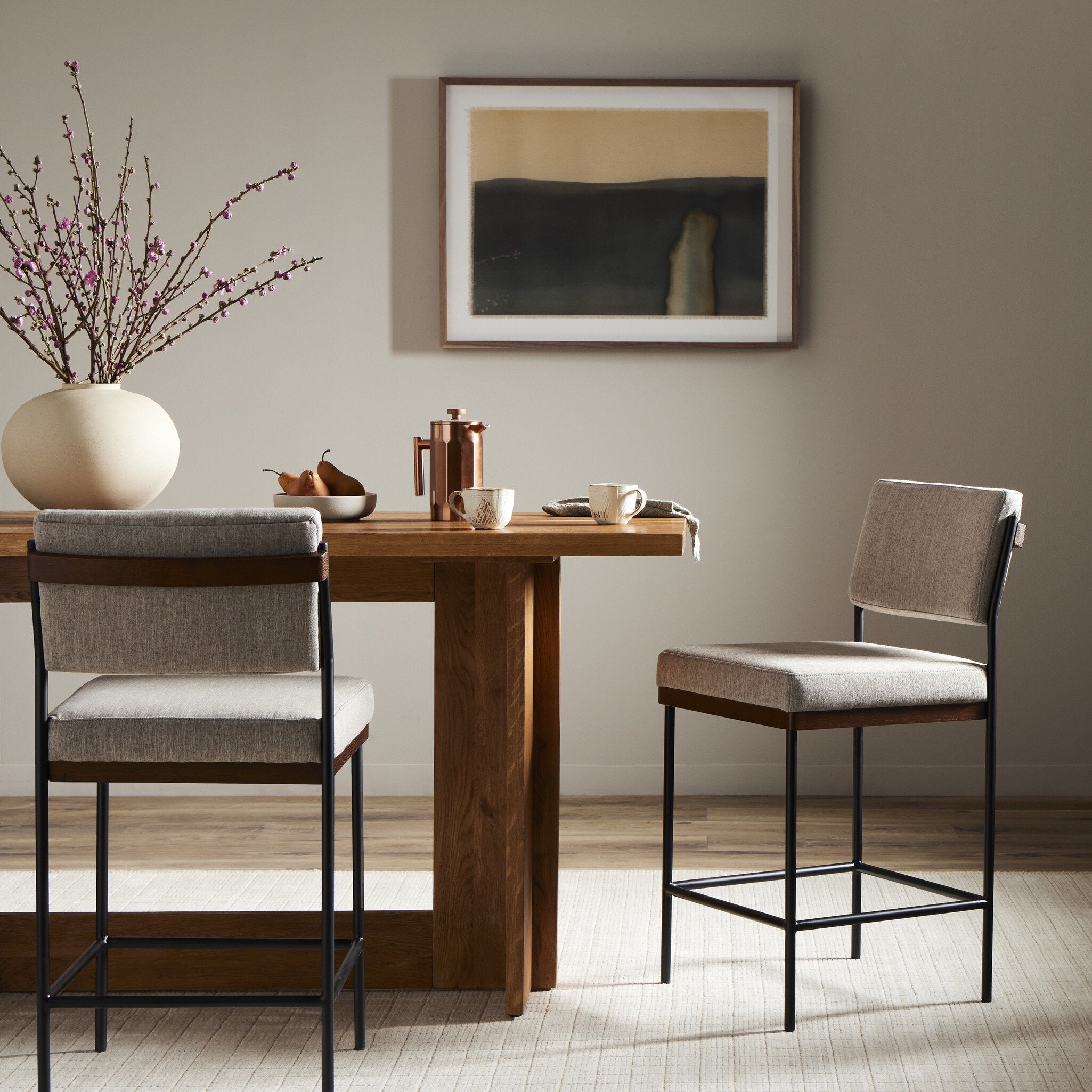 Four Hands Benton Bar + Counter Stool — Savile Flannel-Almond Oak-Midnight Iron-Counter