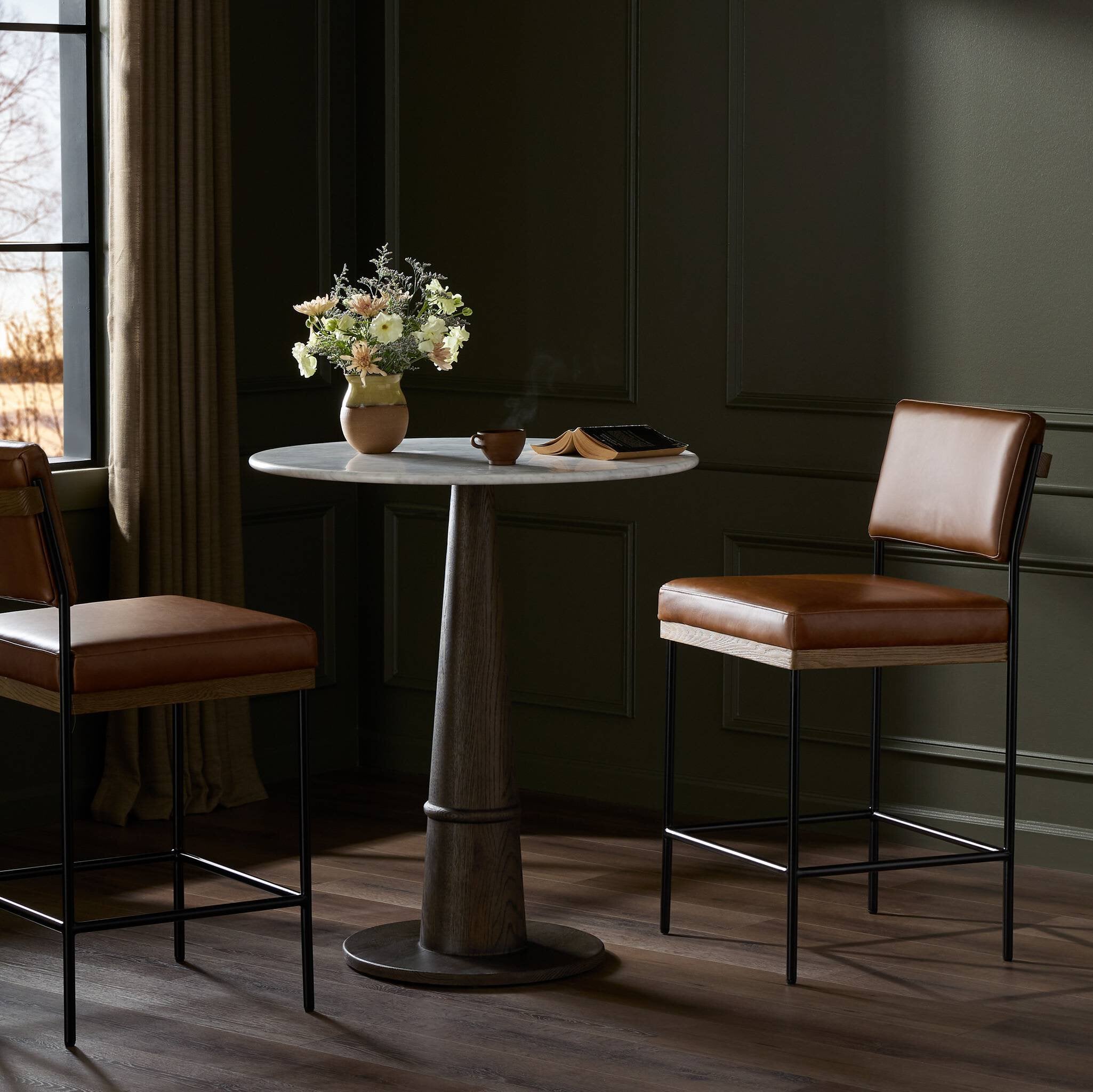 Four Hands Benton Bar + Counter Stool — Sonoma Chestnut-Drifted Oak-Midnight Iron-Bar