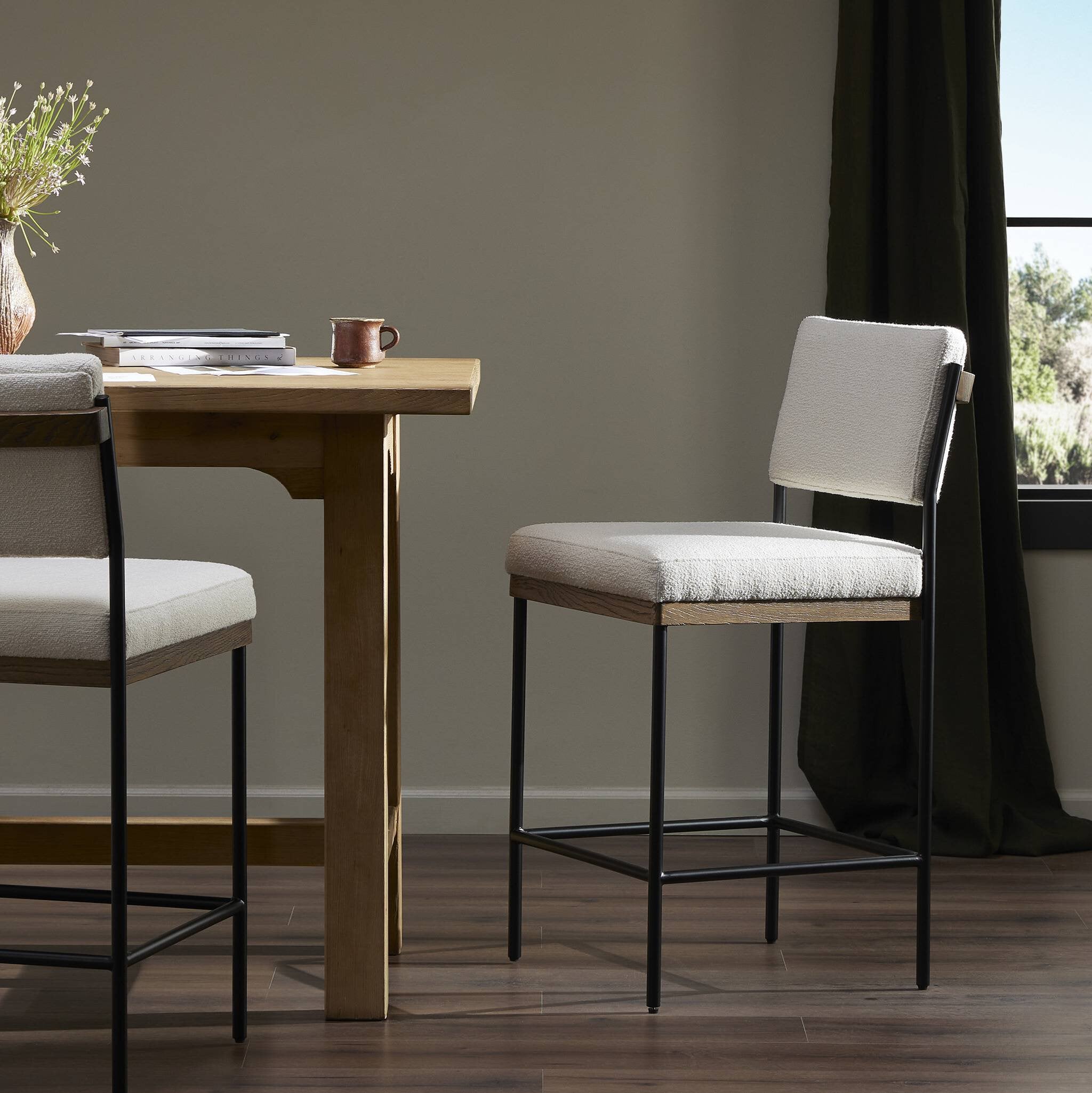 Four Hands Benton Bar + Counter Stool — Fayette Cloud-Drifted Oak-Midnight Iron-Bar
