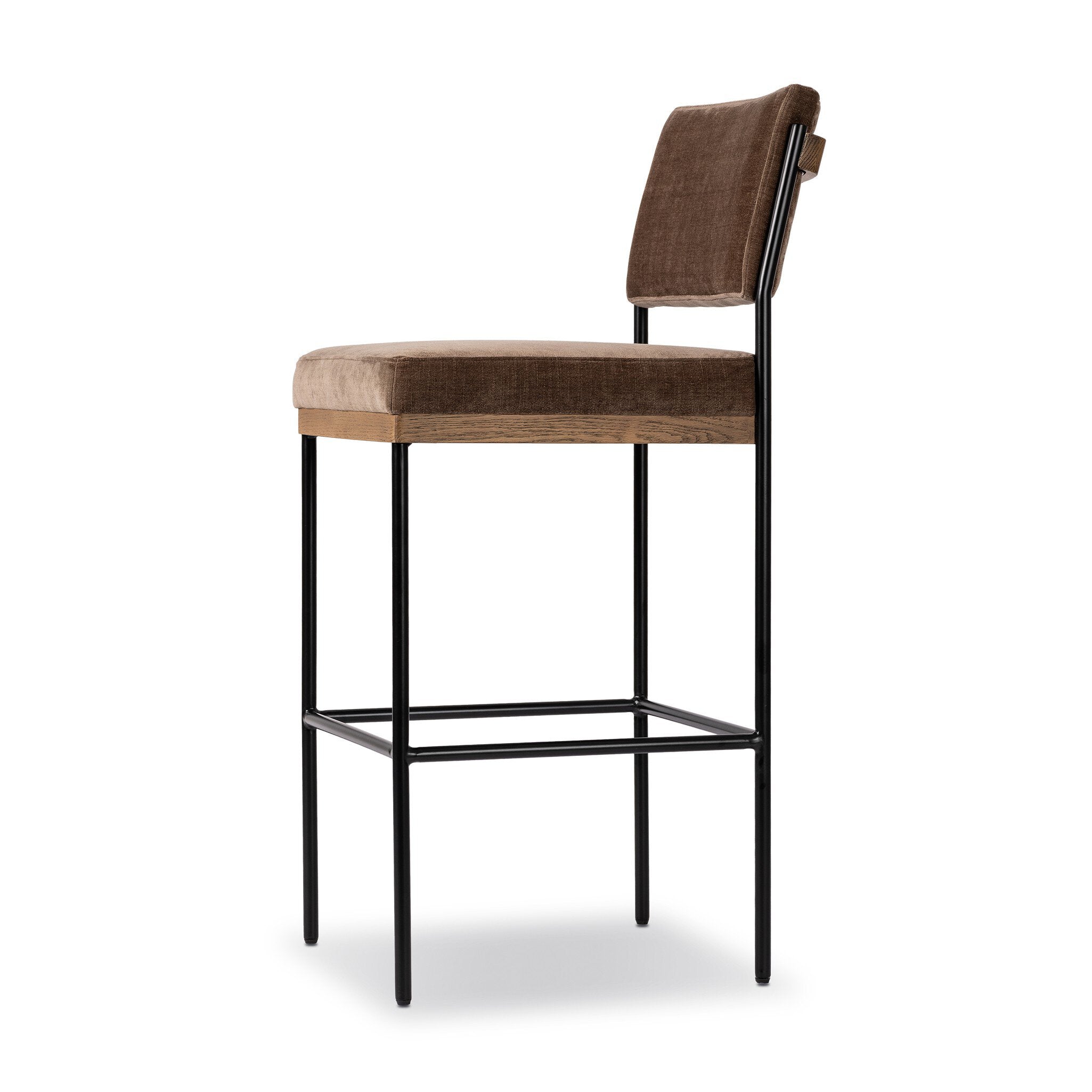Four Hands Benton Bar + Counter Stool — Altair Mushroom-Smoked Grey-Midnight Iron-Bar