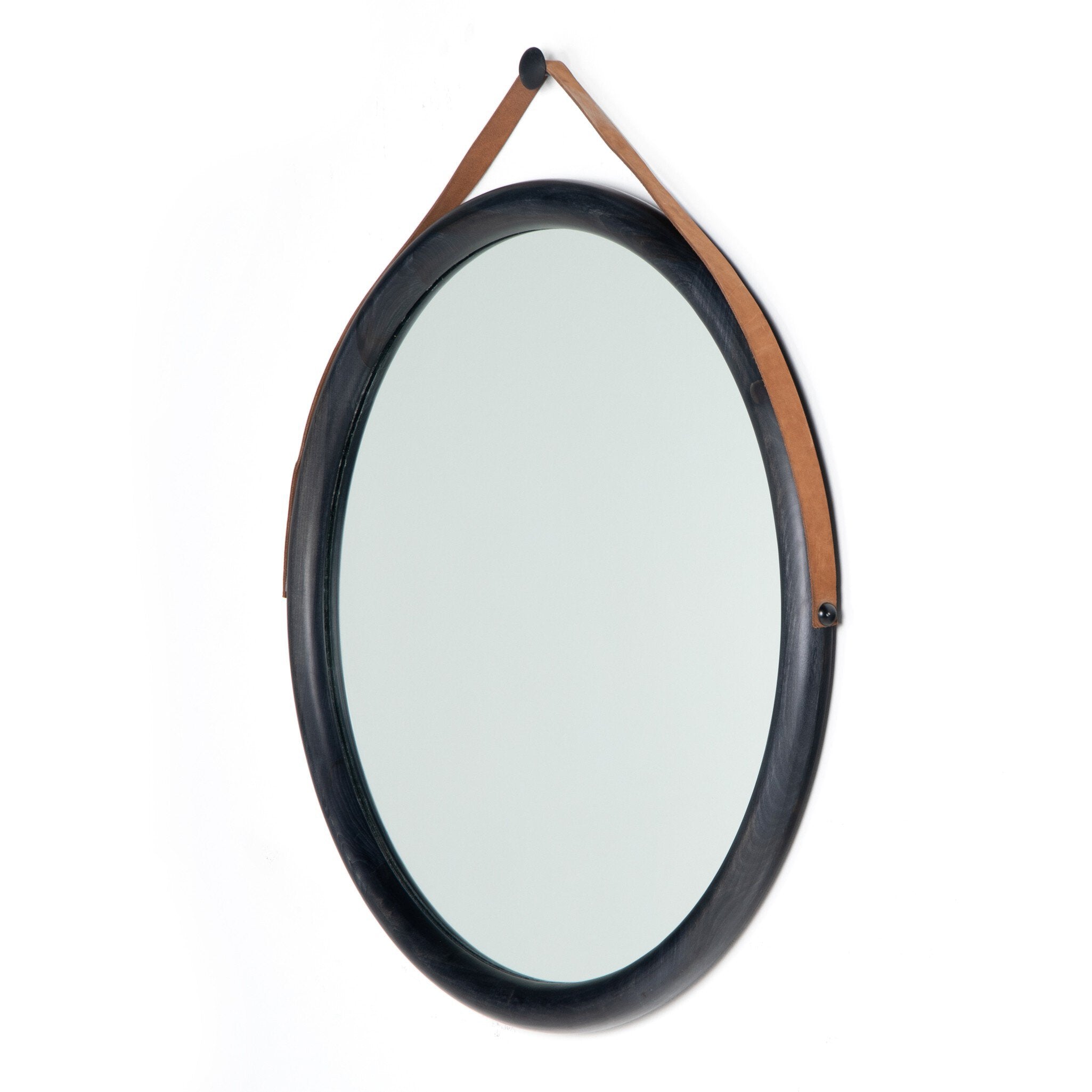 Four Hands Des Mirror — Black Wash Poplar-Toffee Leather-Black Steel