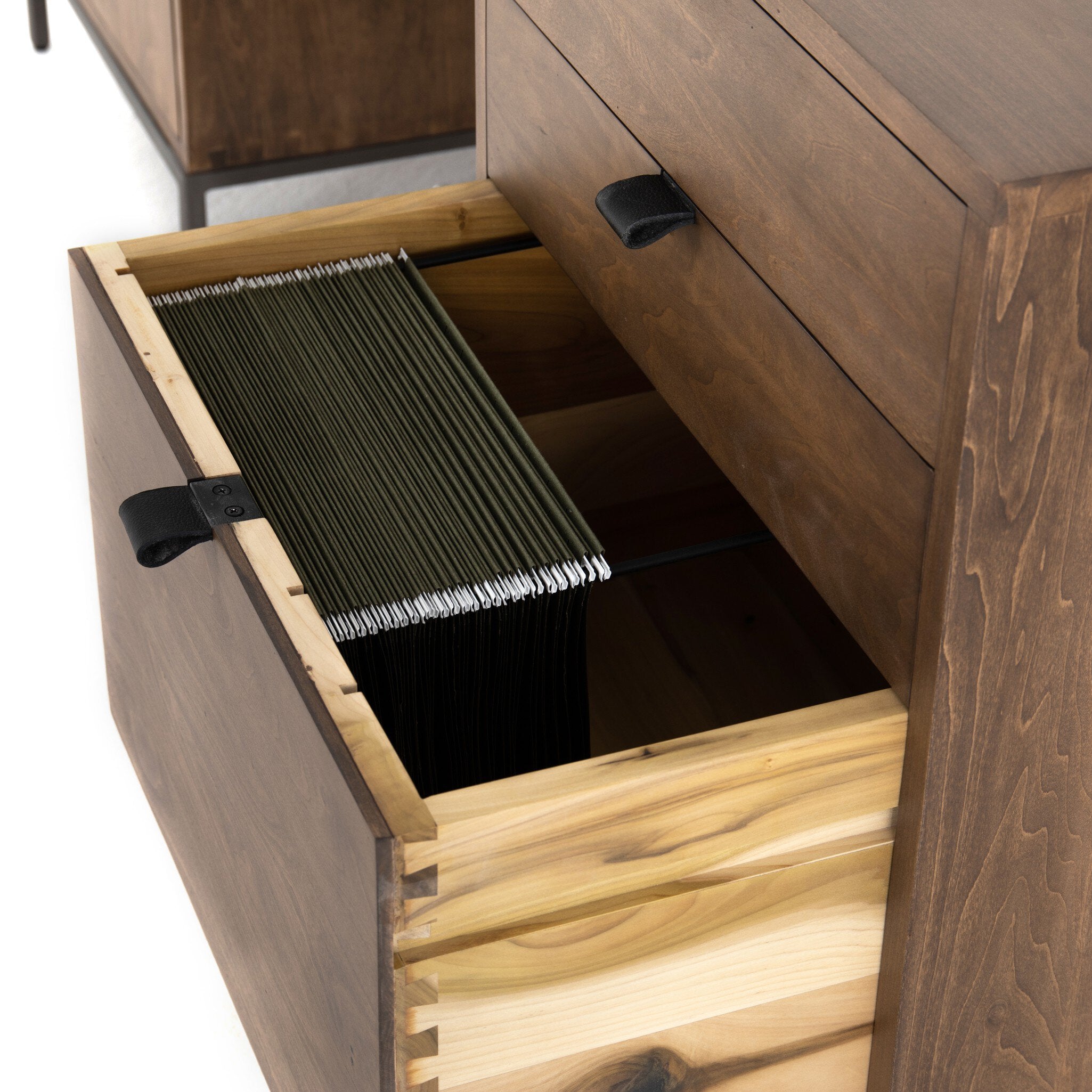 Four Hands Trey Executive Desk — Auburn Poplar-Natural Iron-Black Leather