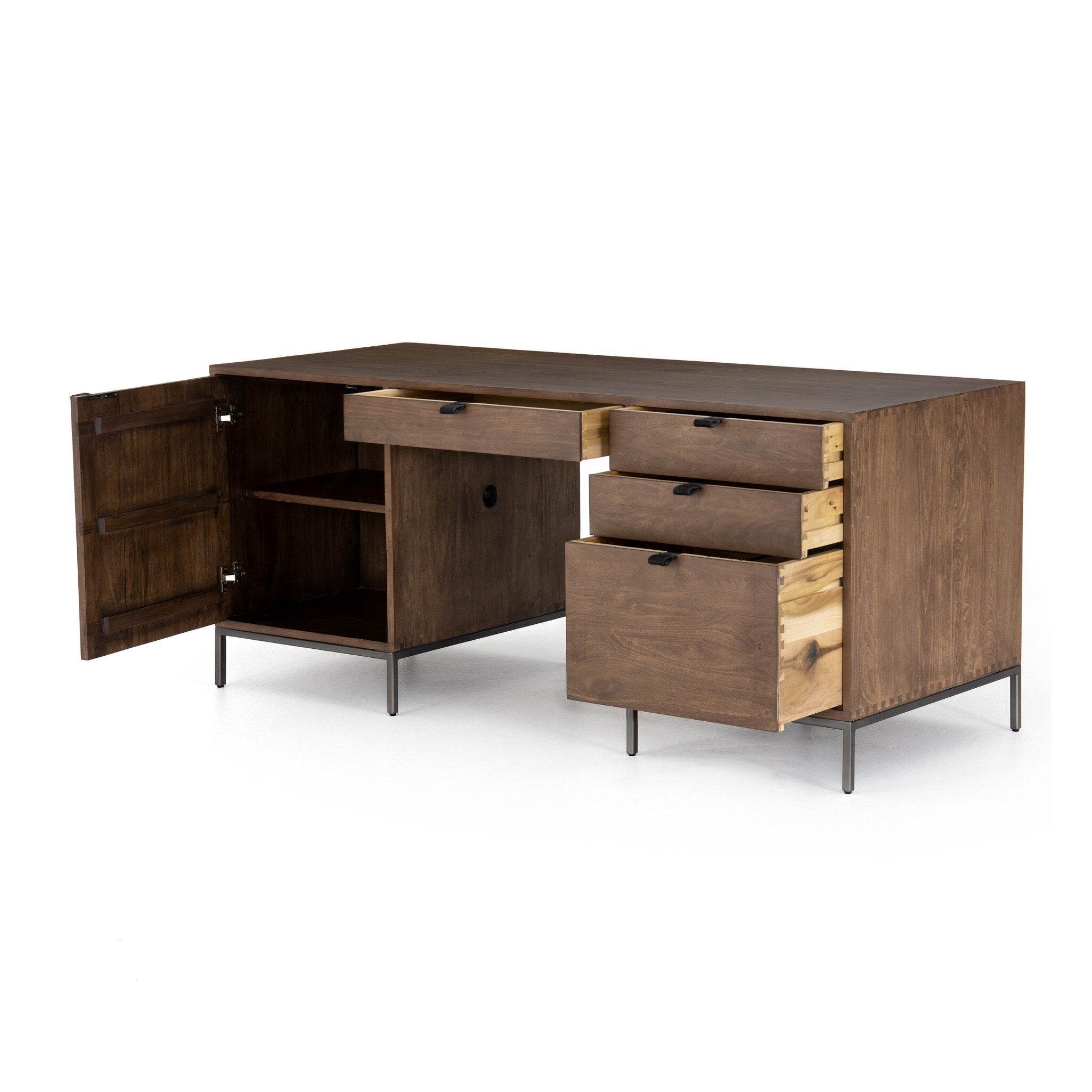 Four Hands Trey Executive Desk — Auburn Poplar-Natural Iron-Black Leather
