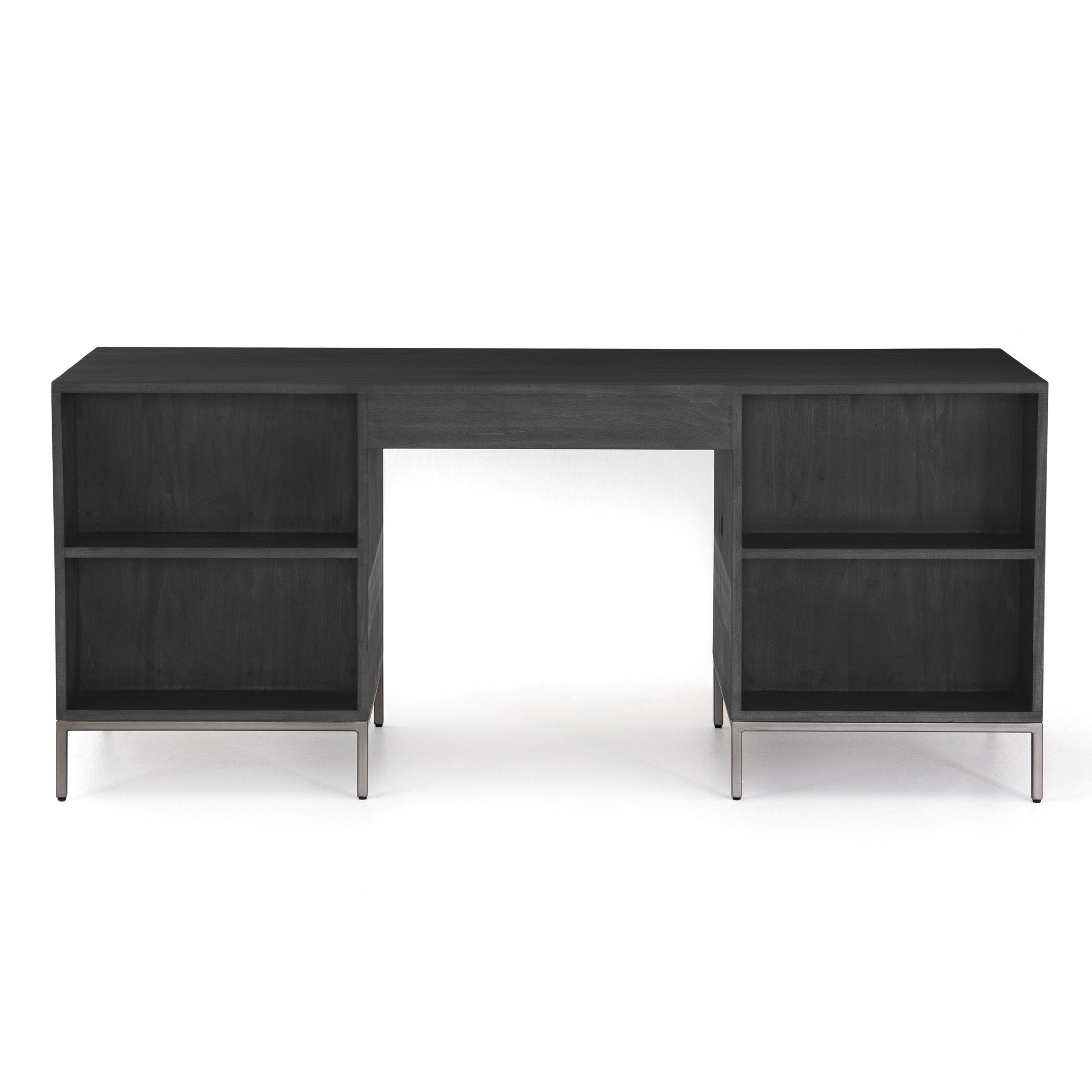 Four Hands Trey Executive Desk — Black Wash Poplar-Natural Iron-Toffee Leather