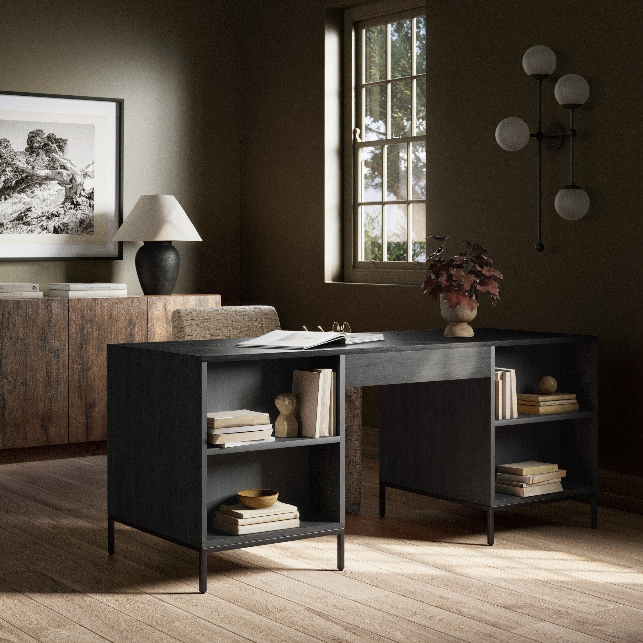Four Hands Trey Executive Desk — Black Wash Poplar-Natural Iron-Toffee Leather