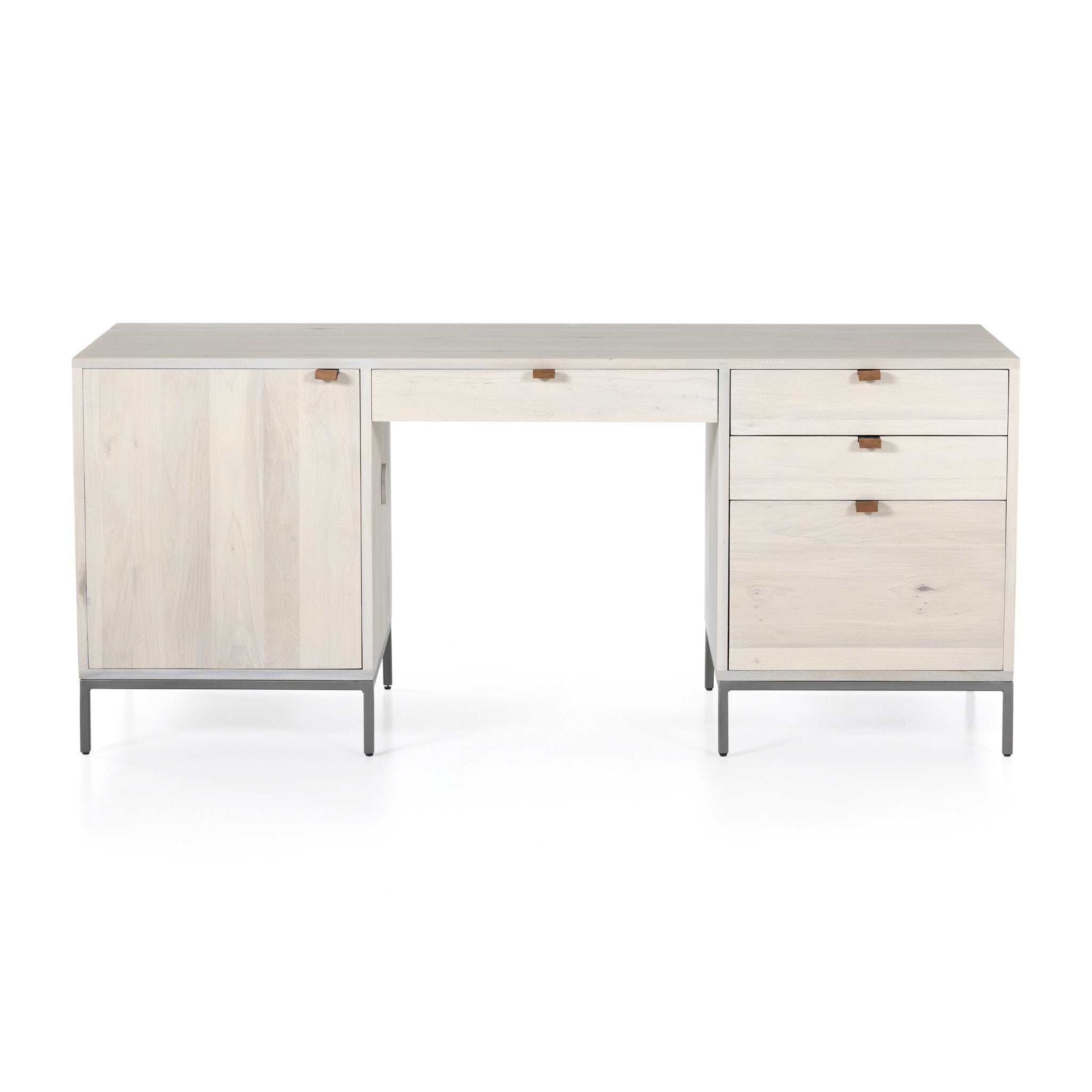 Four Hands Trey Executive Desk — Dove Poplar-Natural Iron-Toffee Leather