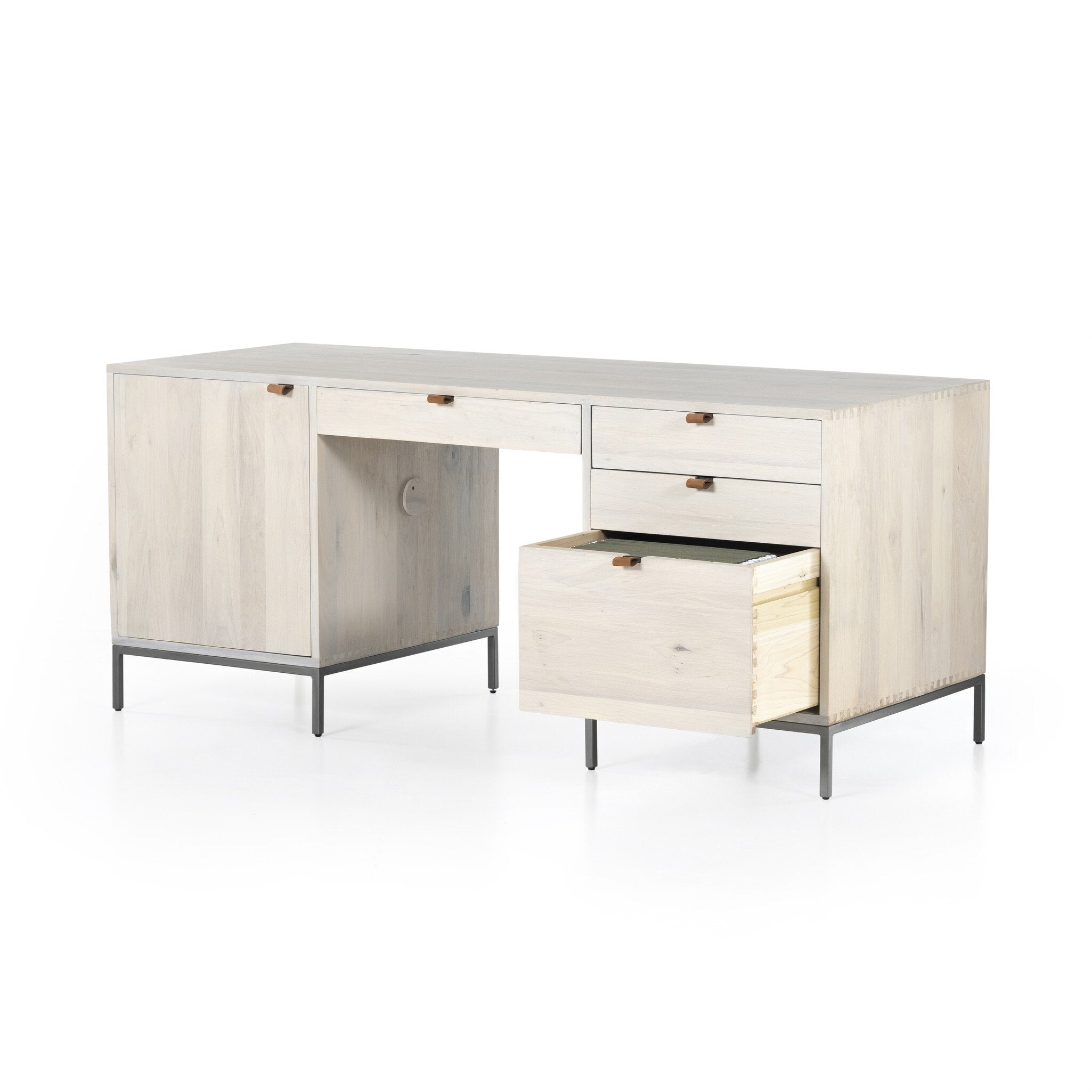 Four Hands Trey Executive Desk — Dove Poplar-Natural Iron-Toffee Leather