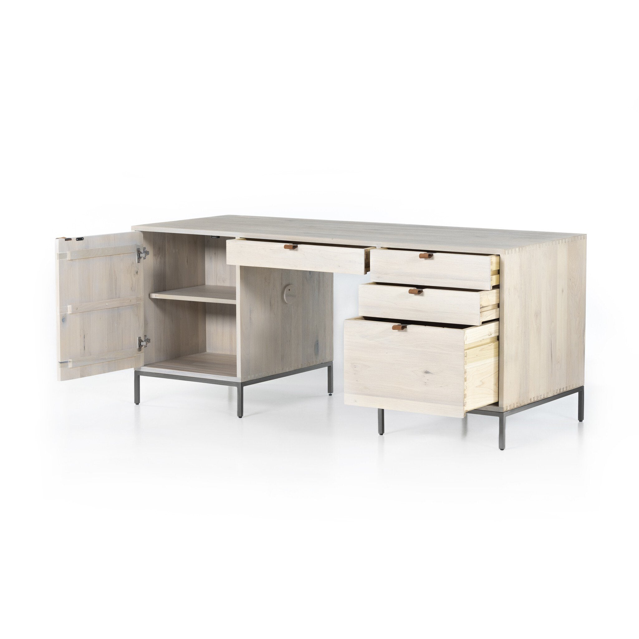 Four Hands Trey Executive Desk — Dove Poplar-Natural Iron-Toffee Leather