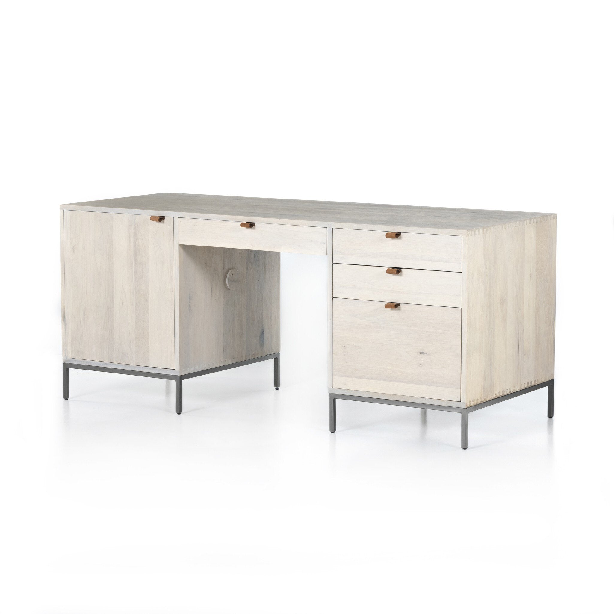 Four Hands Trey Executive Desk — Dove Poplar-Natural Iron-Toffee Leather