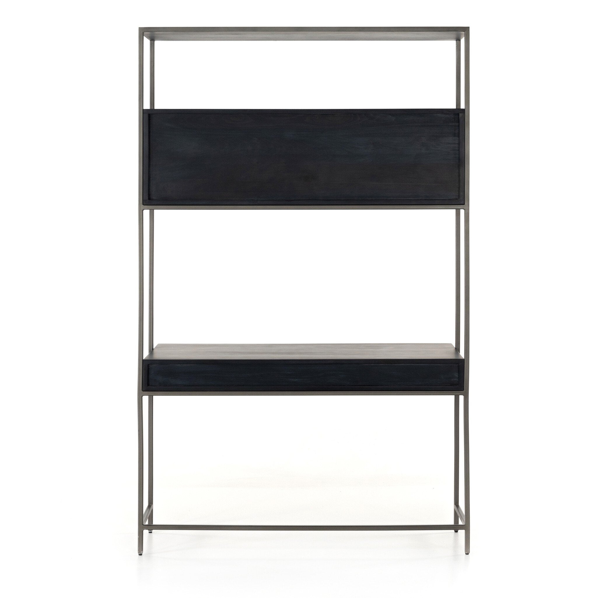 Four Hands Trey Modular Wall Desk — Black Wash Poplar-Natural Iron-Toffee Leather