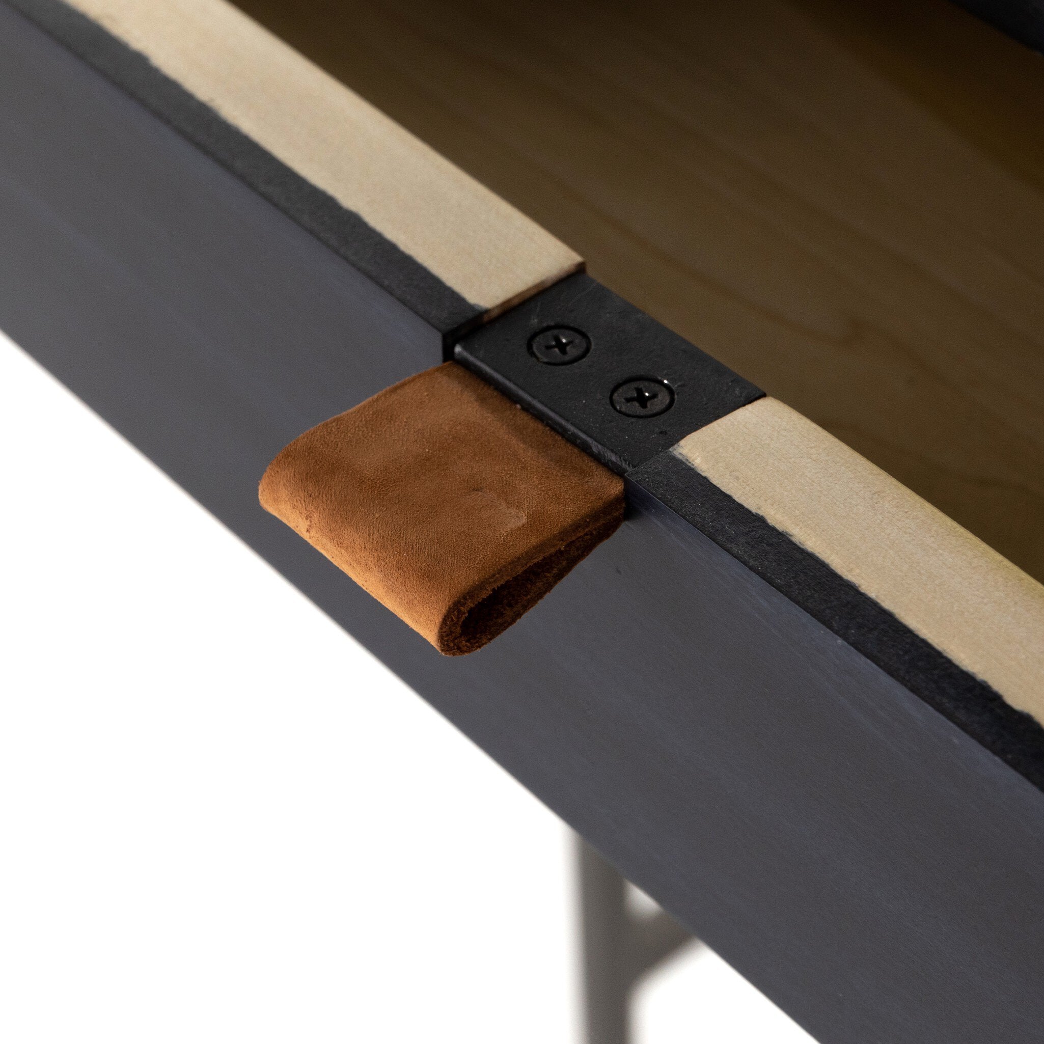 Four Hands Trey Modular Wall Desk — Black Wash Poplar-Natural Iron-Toffee Leather