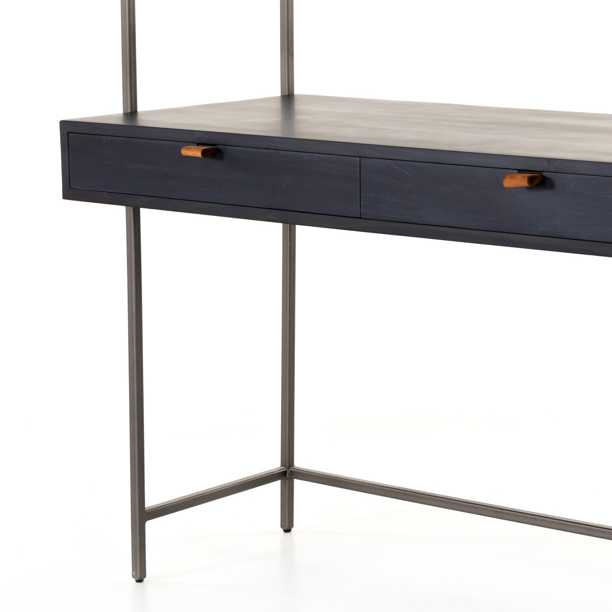 Four Hands Trey Modular Wall Desk — Black Wash Poplar-Natural Iron-Toffee Leather