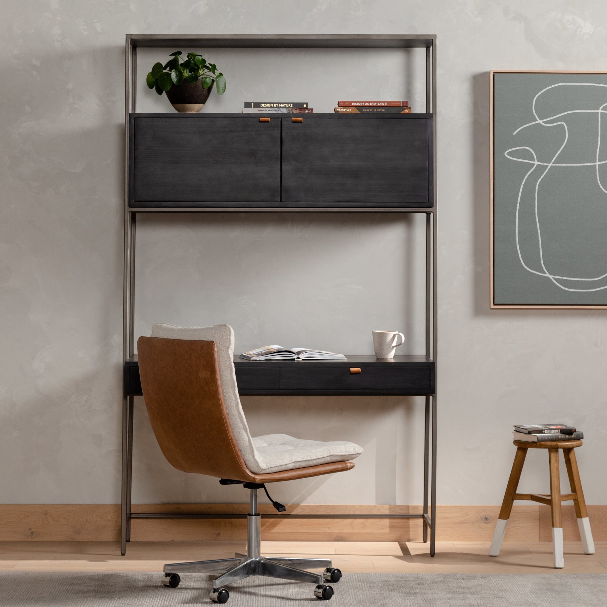 Four Hands Trey Modular Wall Desk — Black Wash Poplar-Natural Iron-Toffee Leather