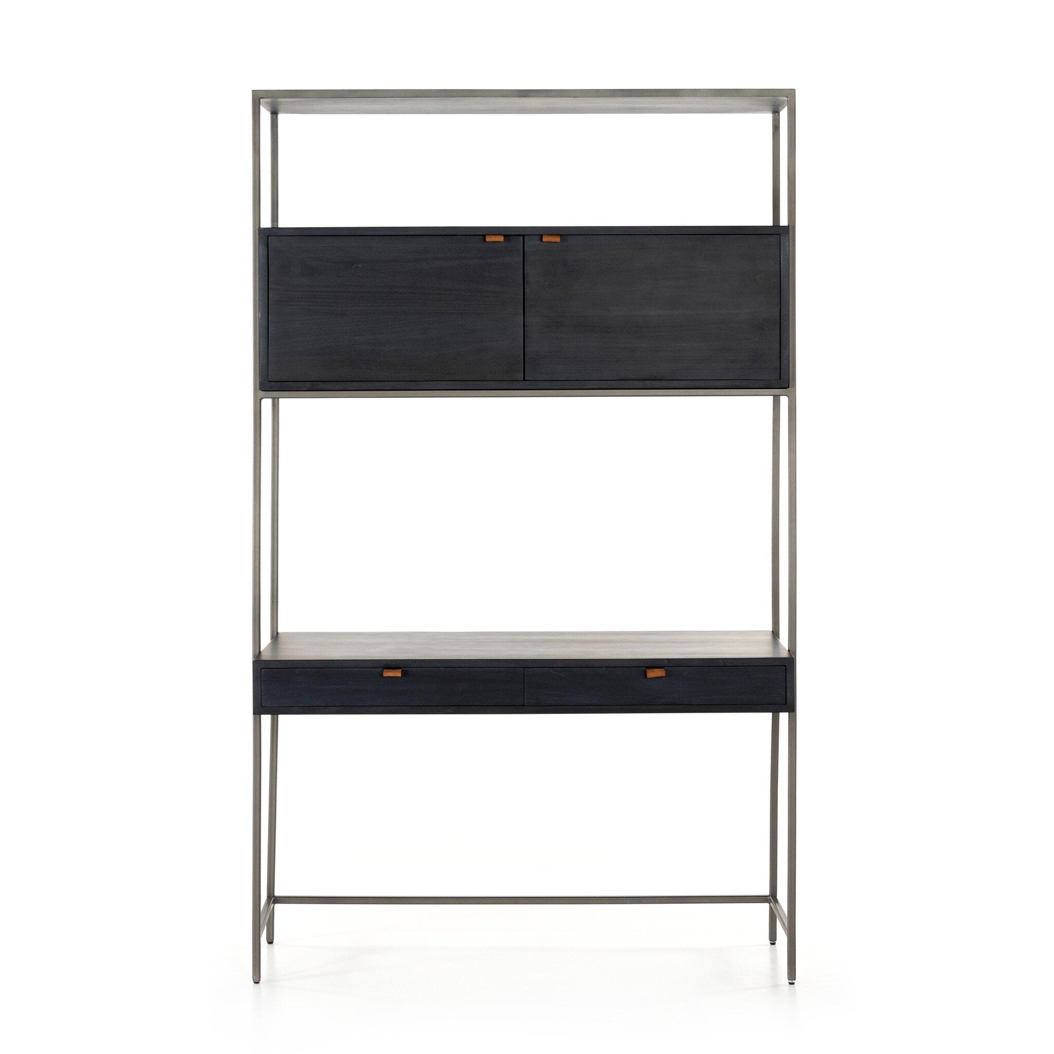 Four Hands Trey Modular Wall Desk — Black Wash Poplar-Natural Iron-Toffee Leather