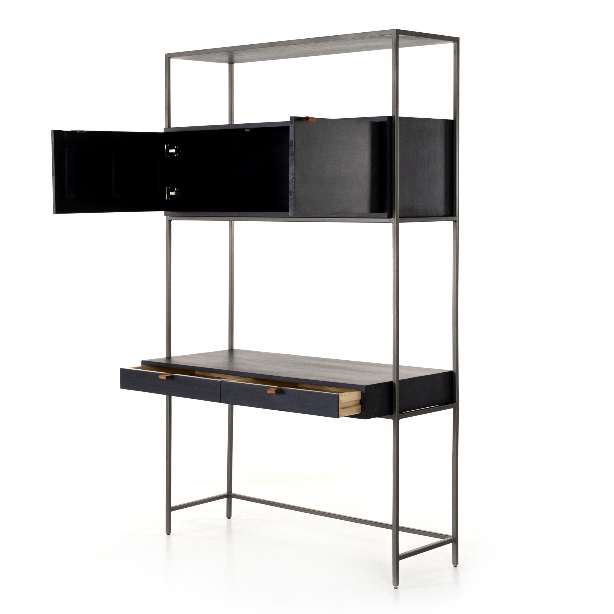 Four Hands Trey Modular Wall Desk — Black Wash Poplar-Natural Iron-Toffee Leather