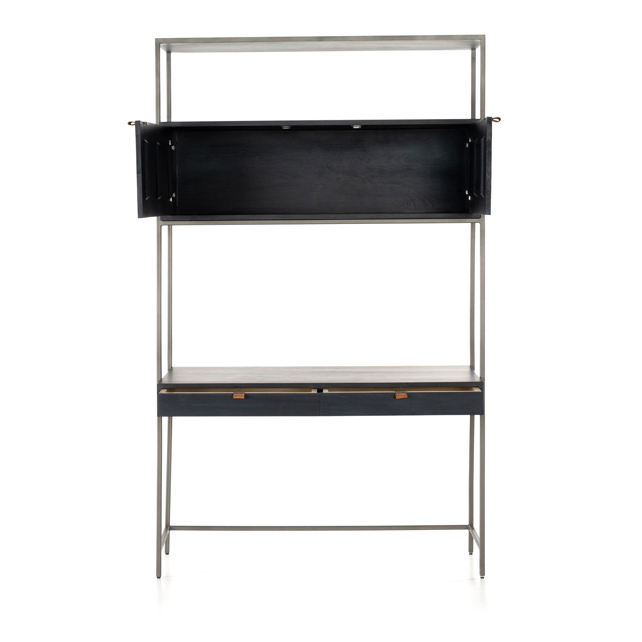 Four Hands Trey Modular Wall Desk — Black Wash Poplar-Natural Iron-Toffee Leather