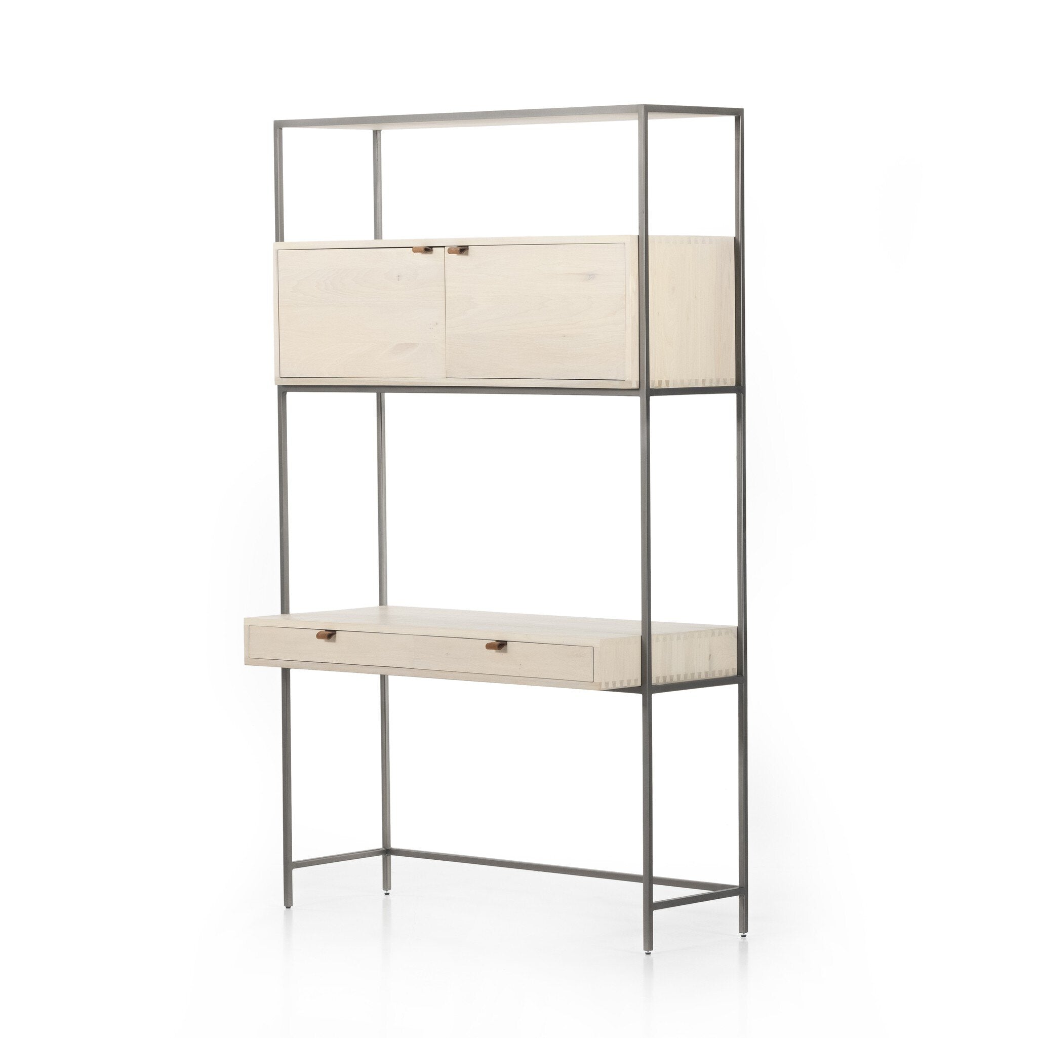 Four Hands Trey Modular Wall Desk — Dove Poplar-Natural Iron-Toffee Leather