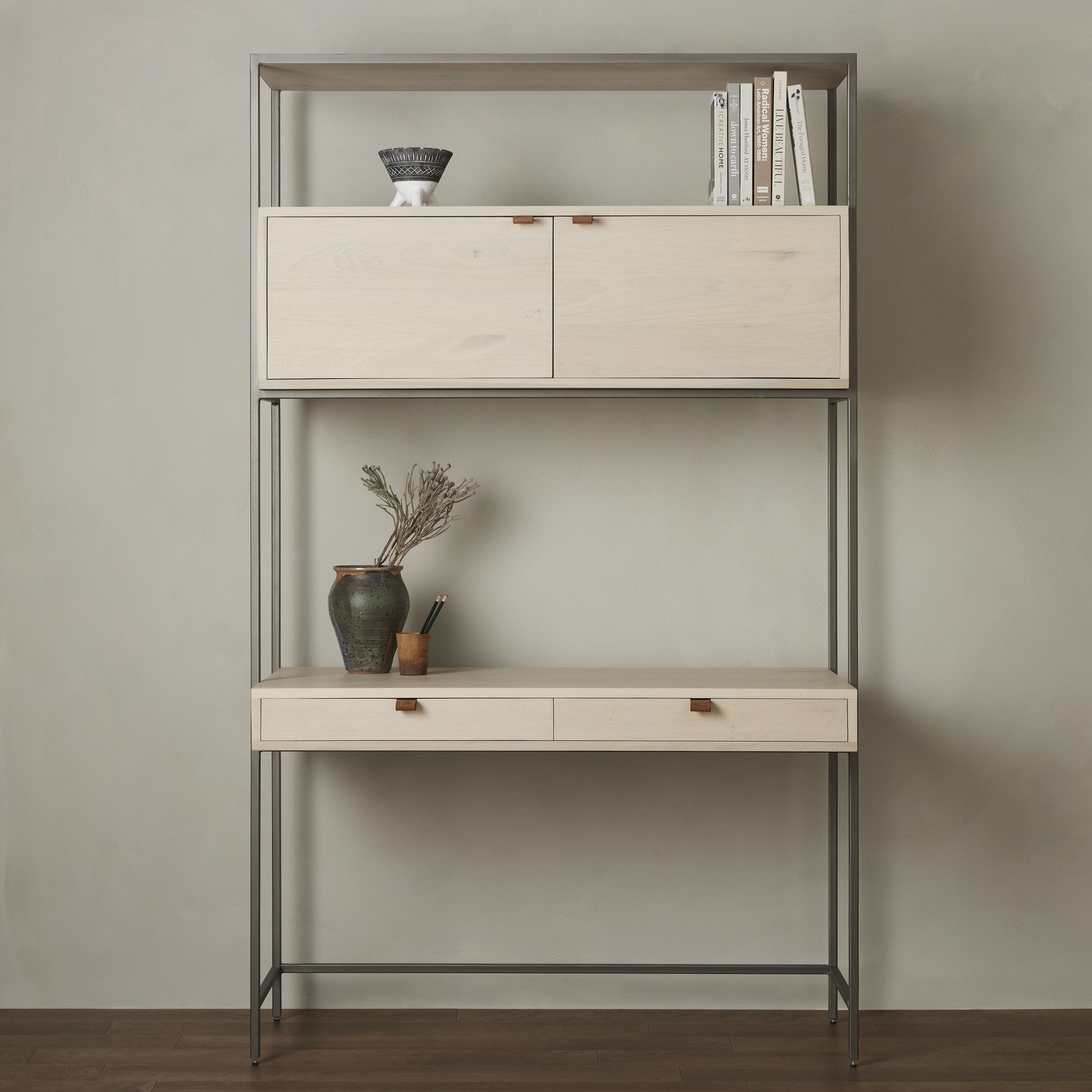 Four Hands Trey Modular Wall Desk — Dove Poplar-Natural Iron-Toffee Leather