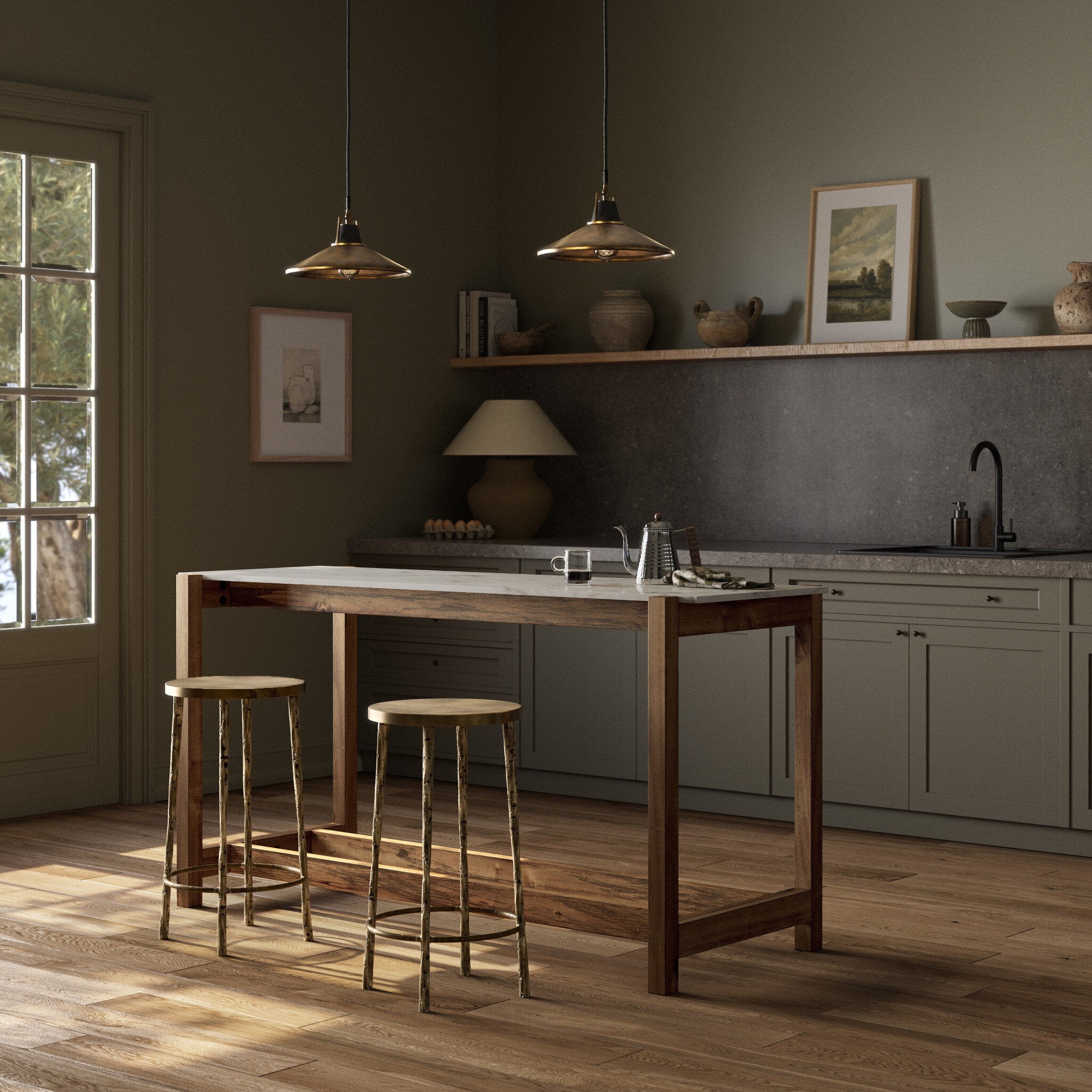 Four Hands Scout Bar + Counter Table — Auburn Mango-Polished White Marble-Counter