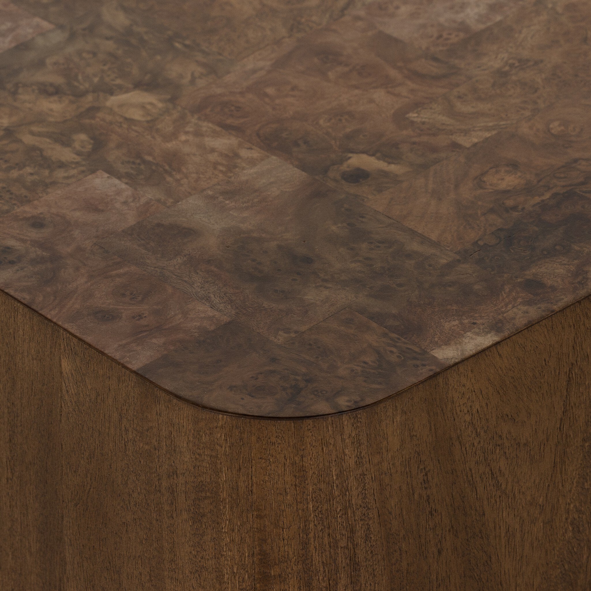 Four Hands Blanco End Table — Warm Umber Burl-Dark Mahogany