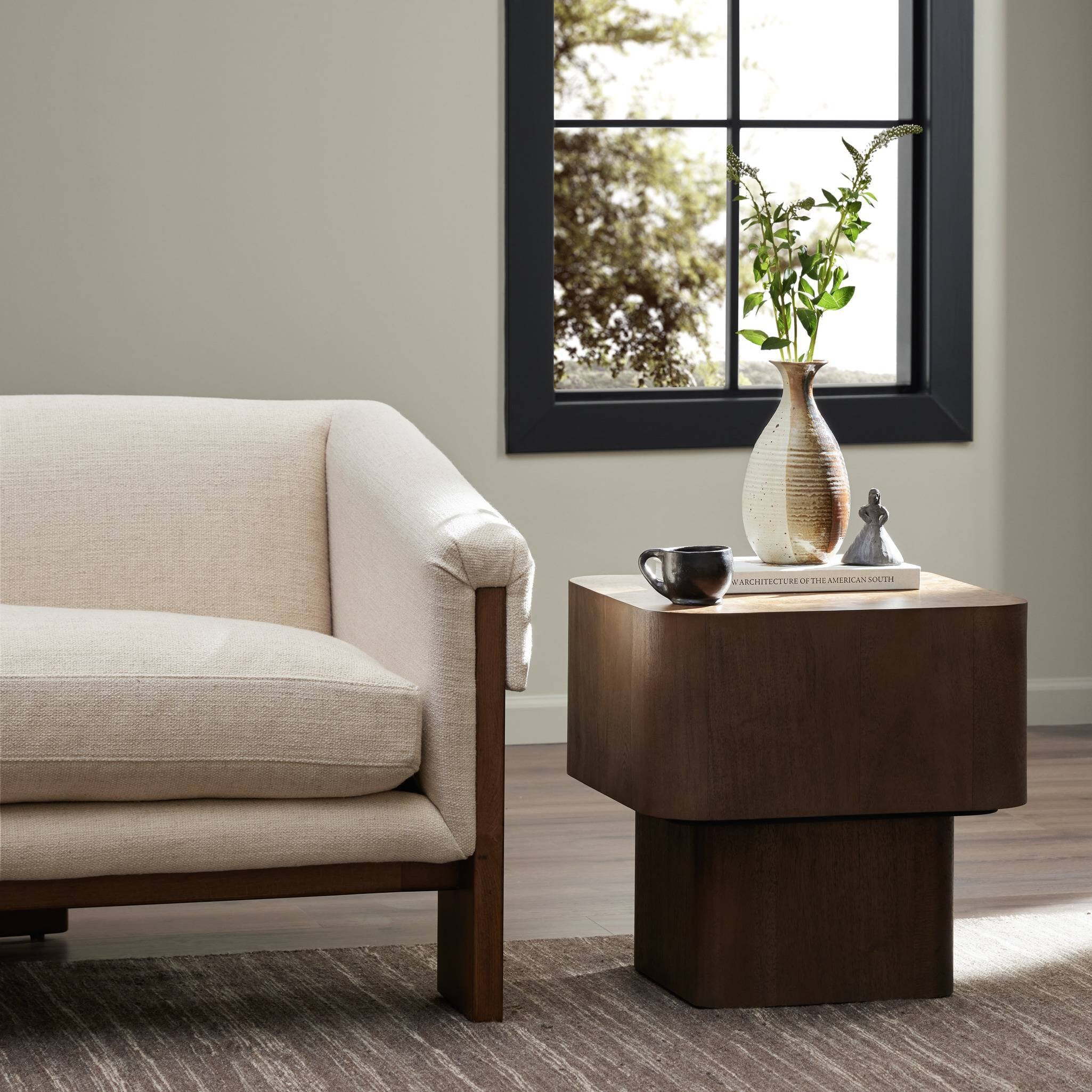 Four Hands Blanco End Table — Warm Umber Burl-Dark Mahogany