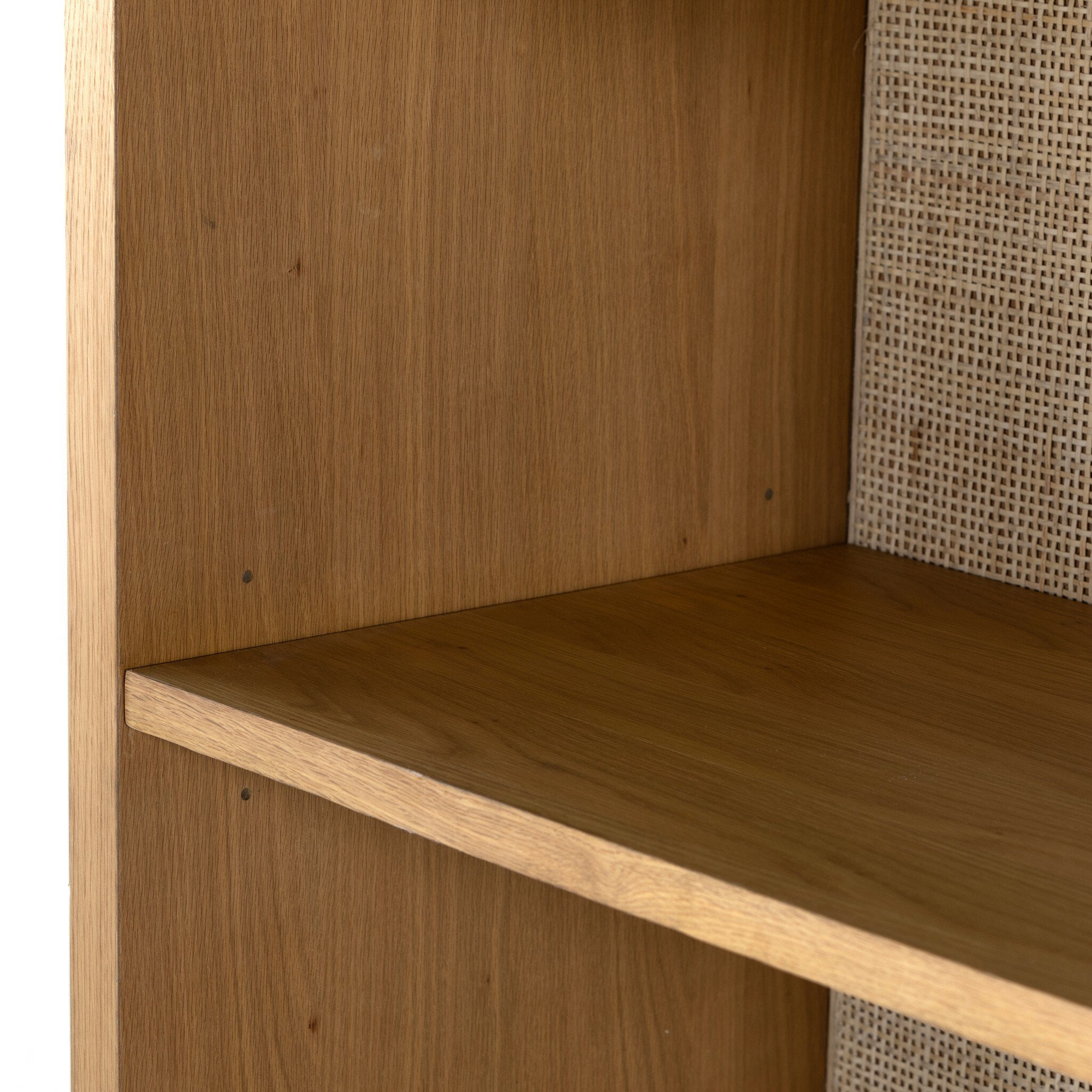 Four Hands Higgs Bookcase — Honey Oak Veneer-Honey Oak-Light Natural Cane