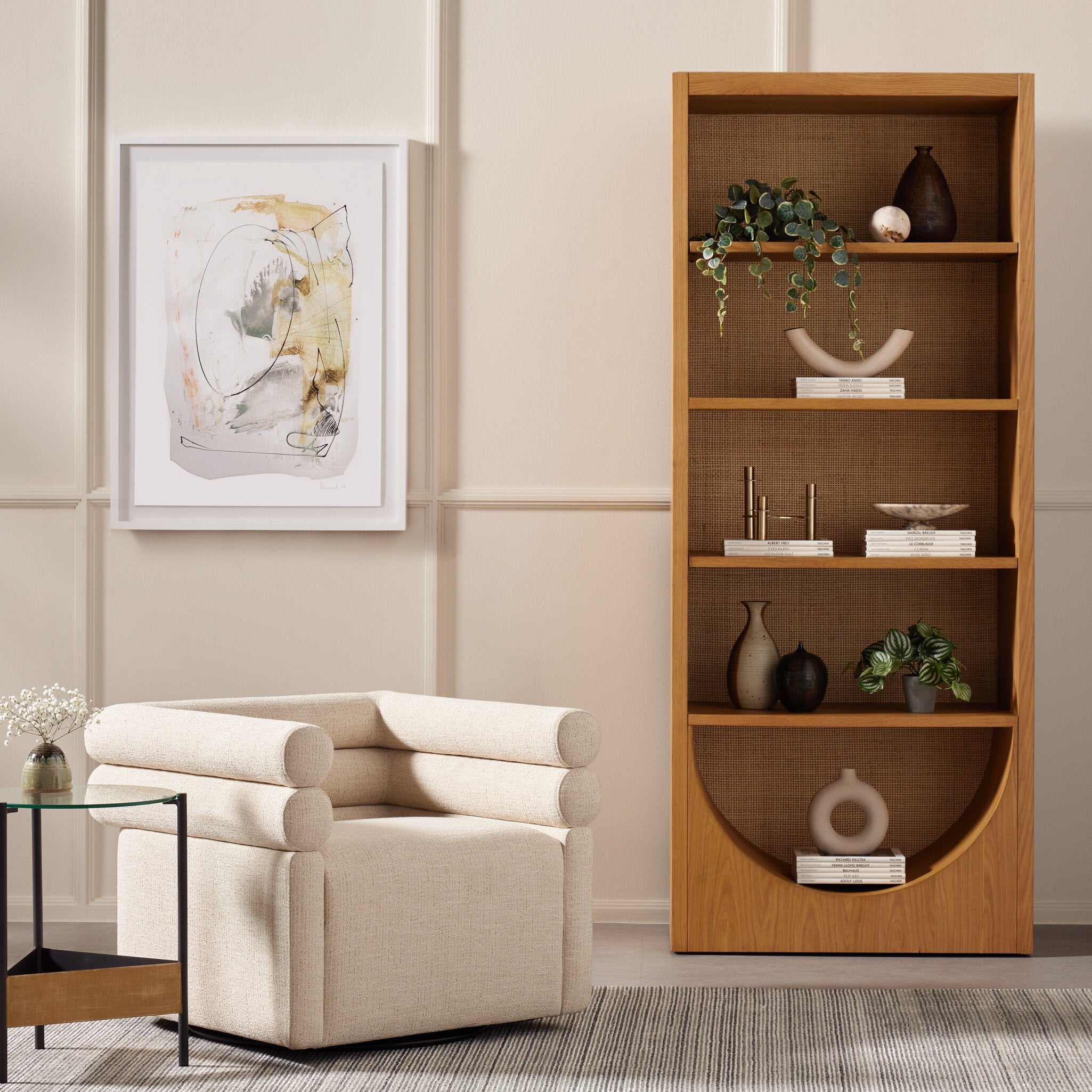 Four Hands Higgs Bookcase — Honey Oak Veneer-Honey Oak-Light Natural Cane