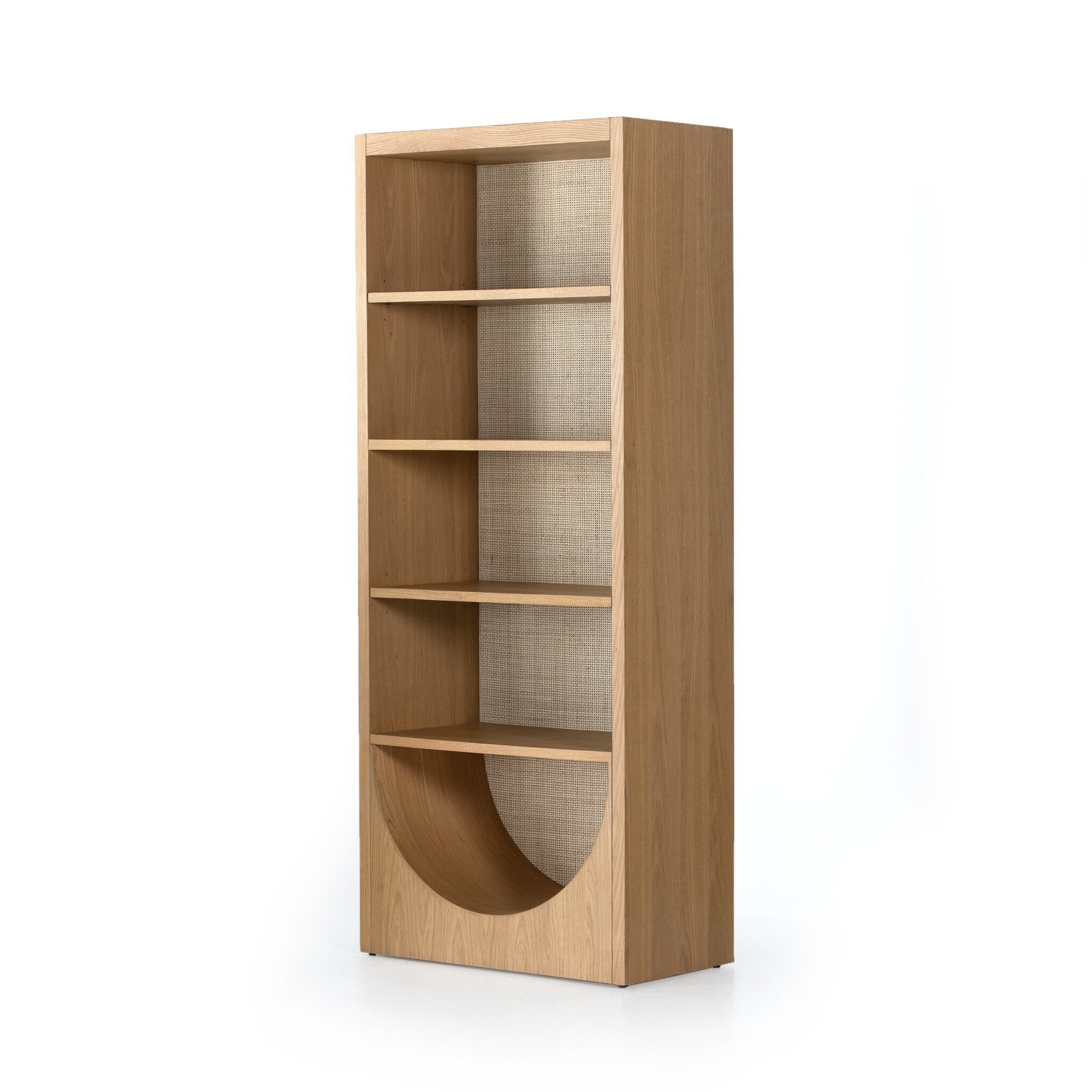 Four Hands Higgs Bookcase — Honey Oak Veneer-Honey Oak-Light Natural Cane
