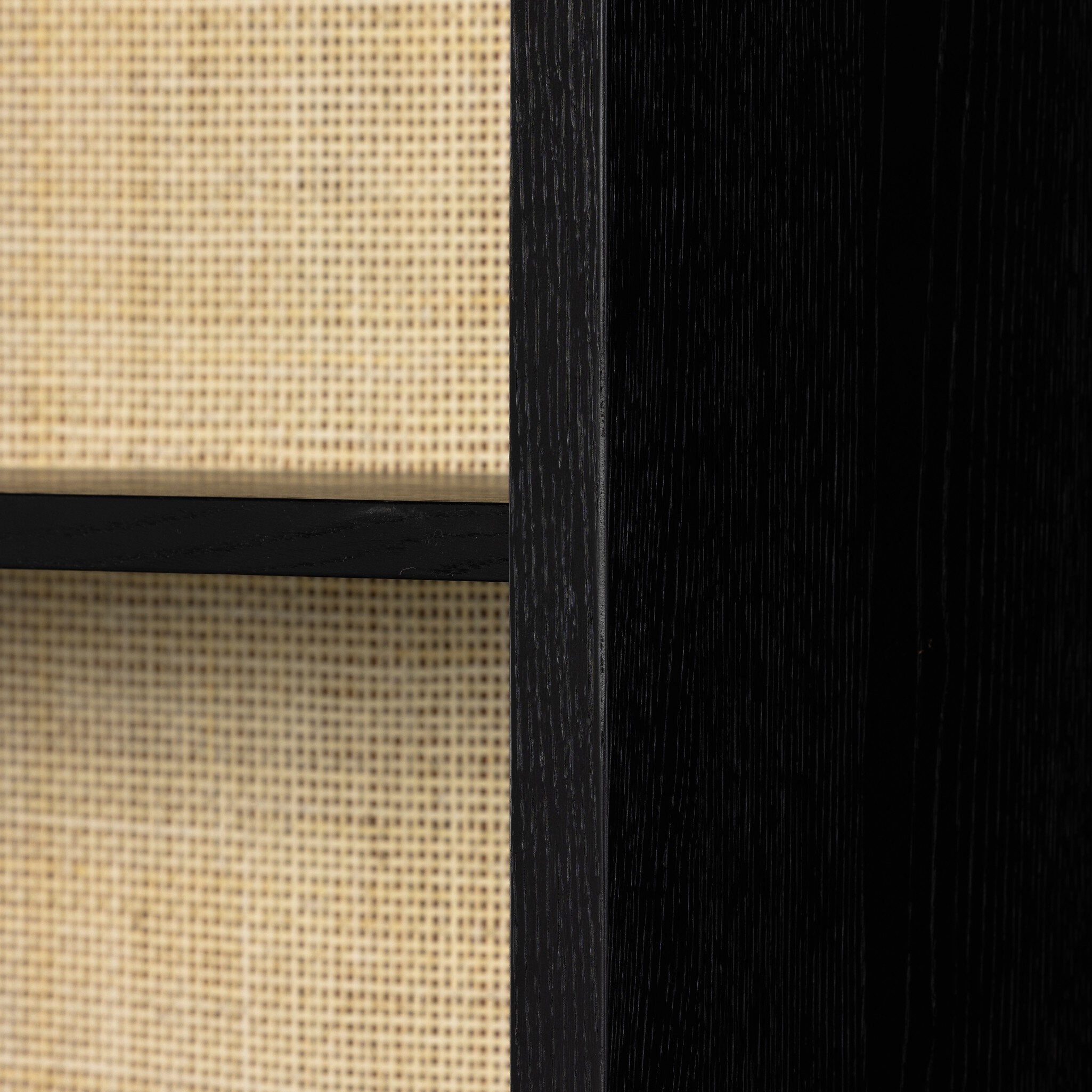 Four Hands Higgs Bookcase — Brushed Ebony Oak Veneer-Brushed Ebony Oak-Light Natural Cane