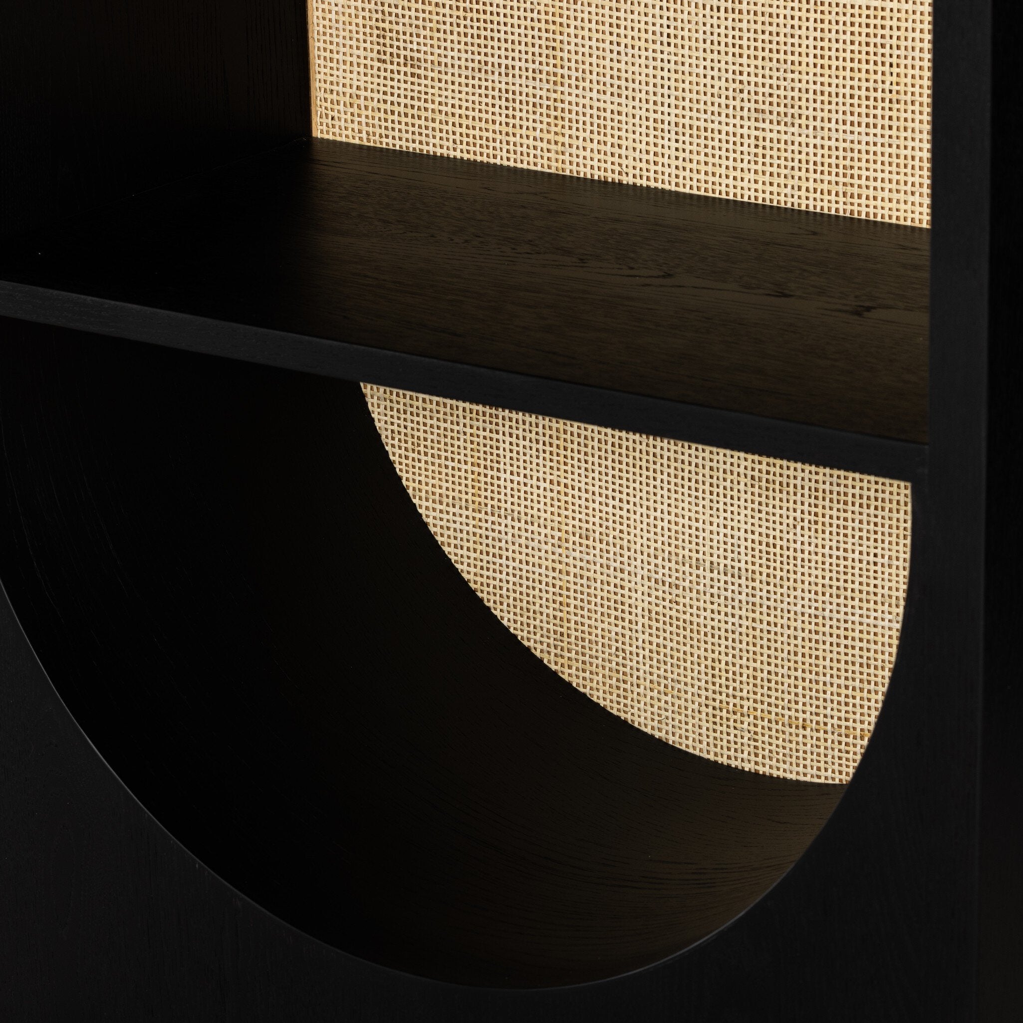 Four Hands Higgs Bookcase — Brushed Ebony Oak Veneer-Brushed Ebony Oak-Light Natural Cane