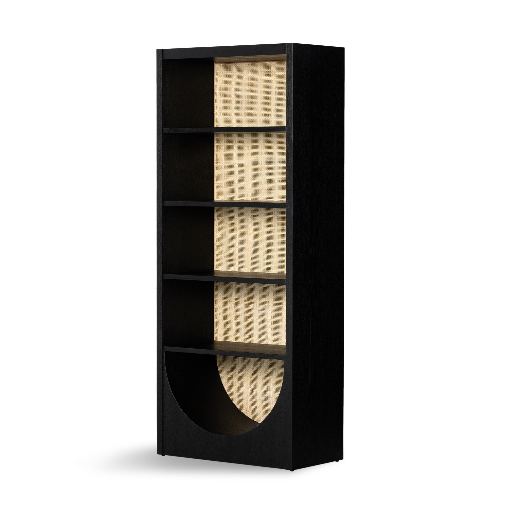 Four Hands Higgs Bookcase — Brushed Ebony Oak Veneer-Brushed Ebony Oak-Light Natural Cane