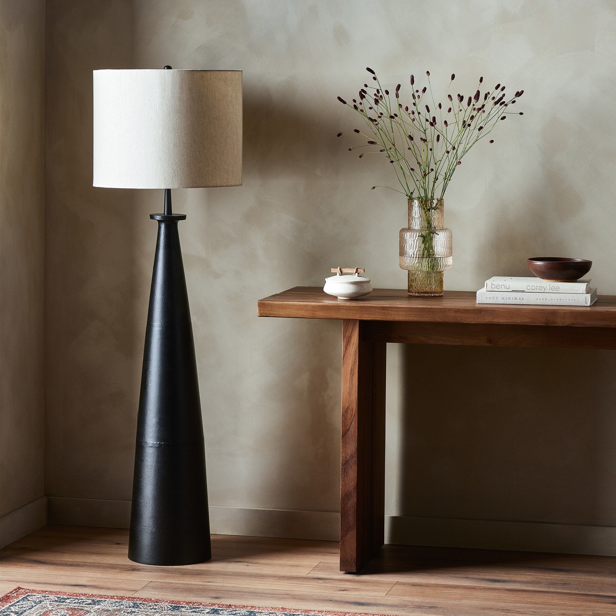 Four Hands Innes Floor Lamp — Matte Black Cast Aluminum-Light Beige