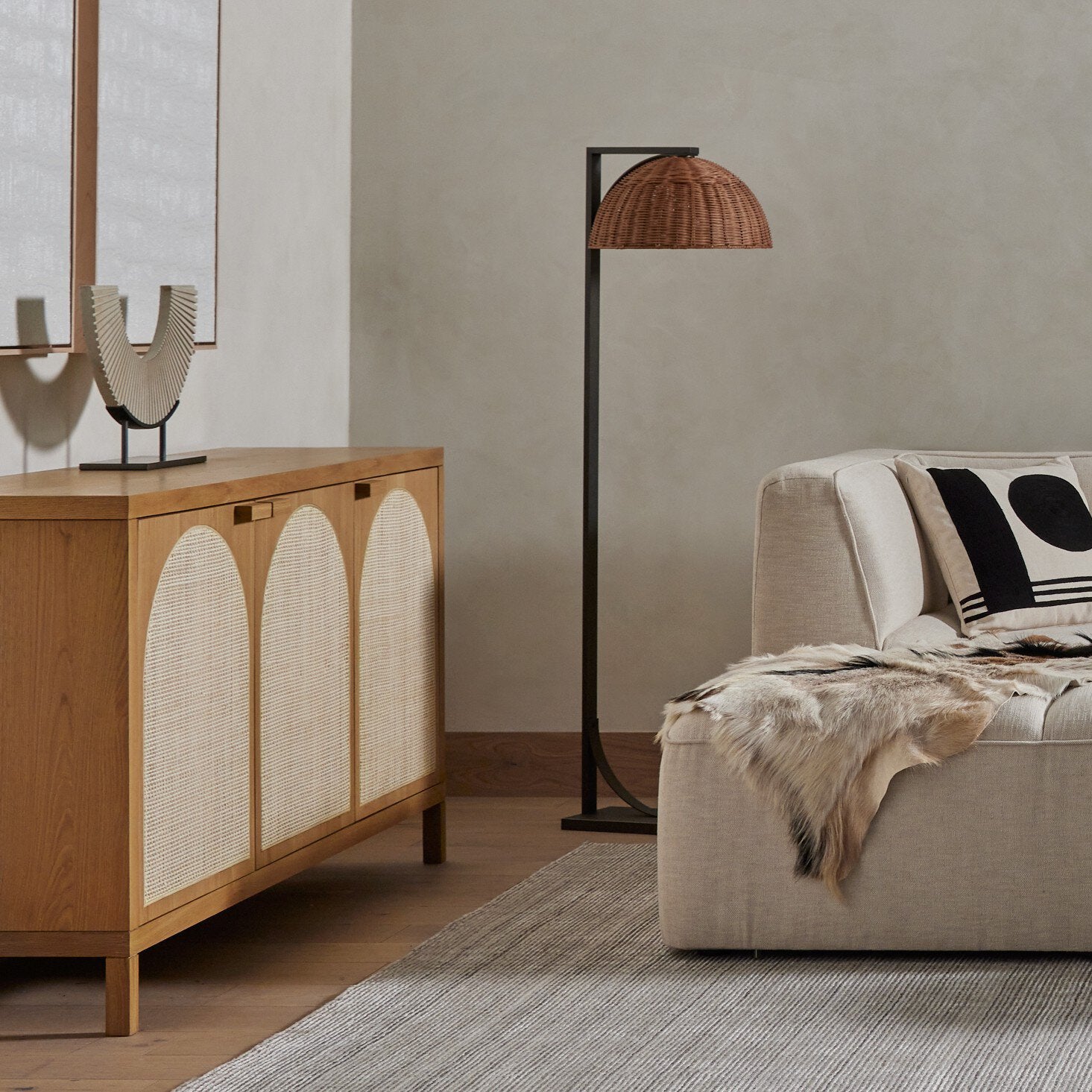 Four Hands Allegra Sideboard — Honey Oak Veneer-Honey Oak-Light Natural Cane
