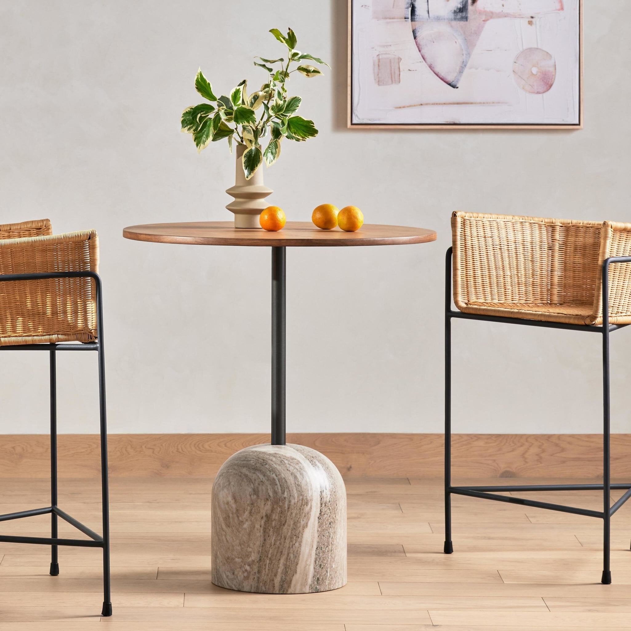 Four Hands Faye Bar + Counter Table — Dark Natural Oak-Antique White Marble-Dark Gunmetal-Counter