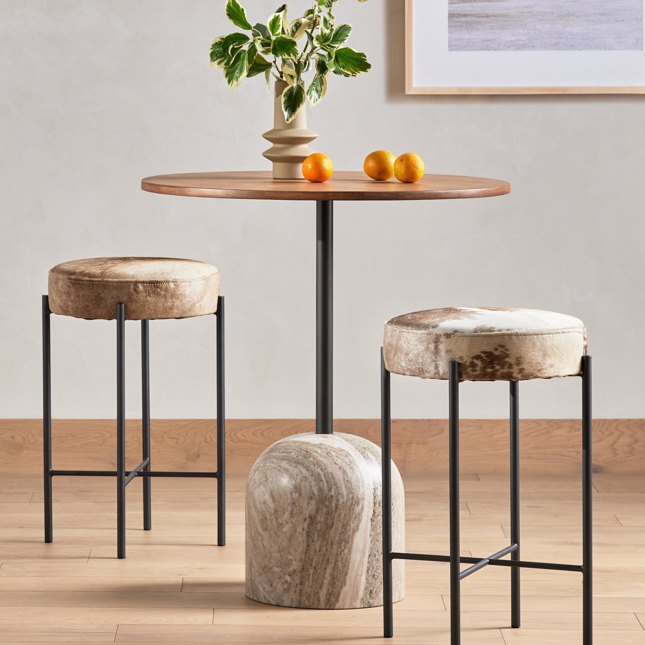 Four Hands Faye Bar + Counter Table — Dark Natural Oak-Antique White Marble-Dark Gunmetal-Bar