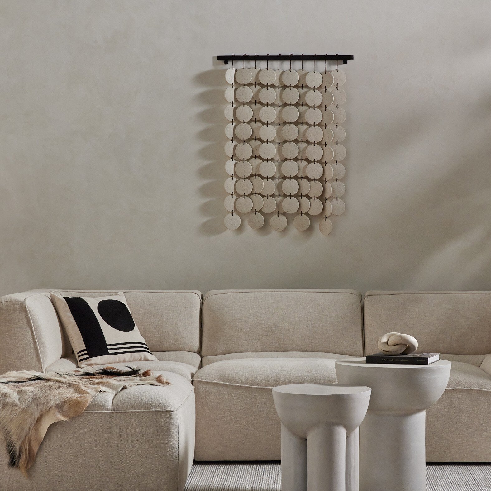 Four Hands Ceramic Wall Hanging — Speckled Cream Ceramic-Antique Brown-Brown Rope