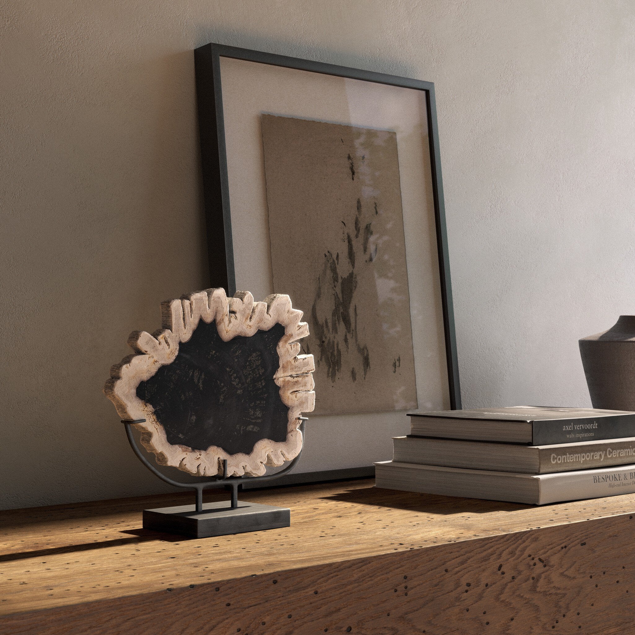 Four Hands Petrified Wood Sculpture — Dark Petrified Wood-Matte Black Iron