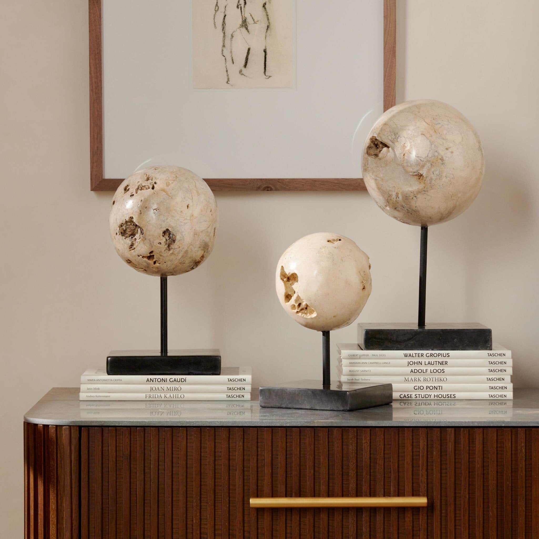 Four Hands Organic Stone Sculptures, Set Of 3 — Romano Fosse Travertine-Matte Black Iron-Black Marble