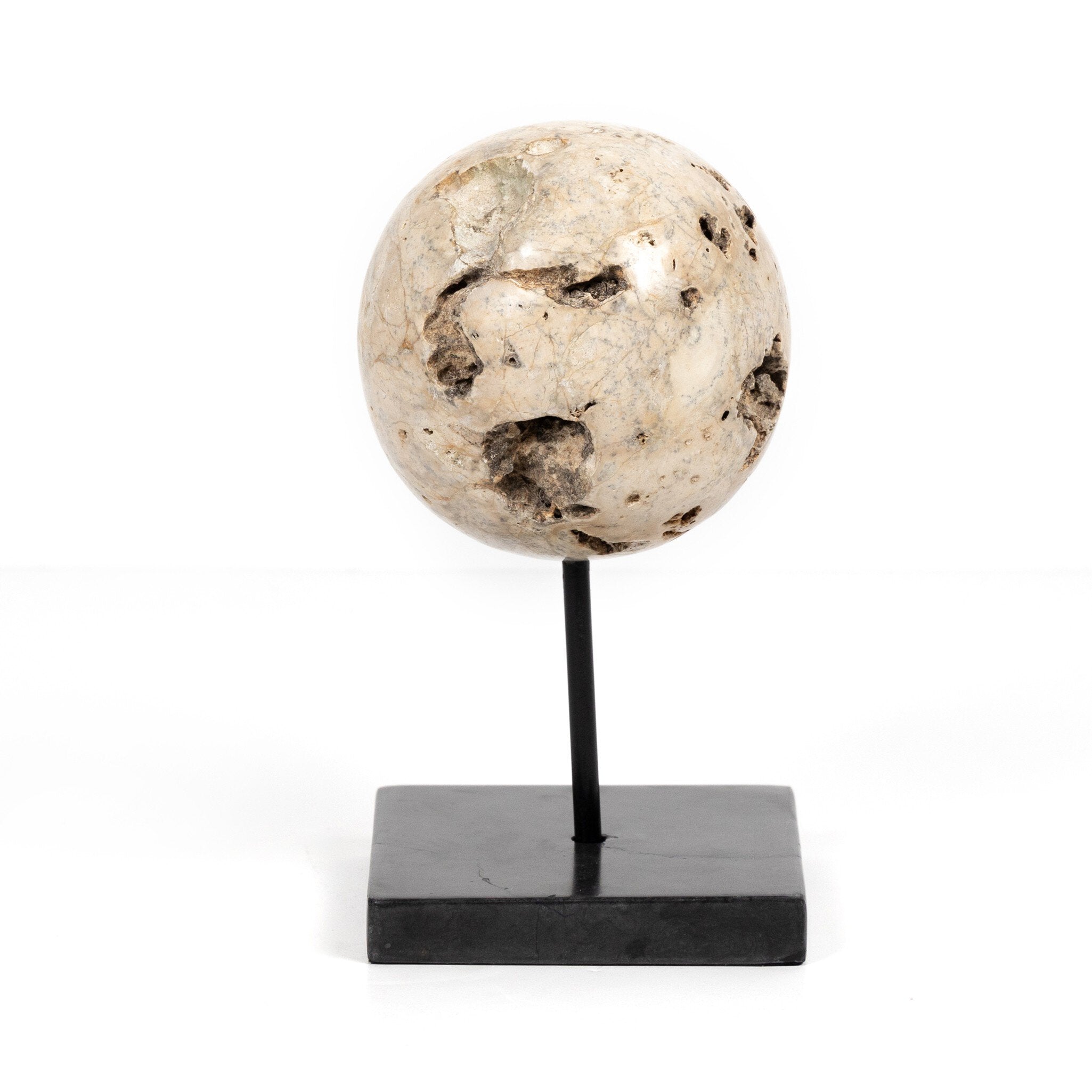 Four Hands Organic Stone Sculptures, Set Of 3 — Romano Fosse Travertine-Matte Black Iron-Black Marble