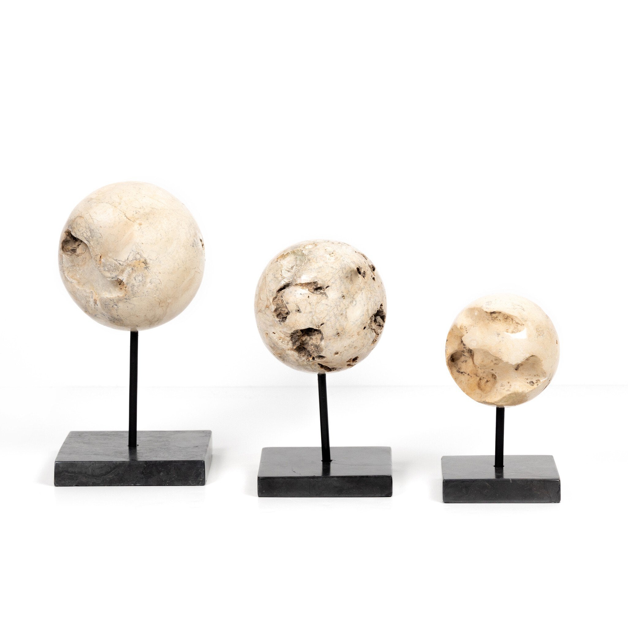 Four Hands Organic Stone Sculptures, Set Of 3 — Romano Fosse Travertine-Matte Black Iron-Black Marble