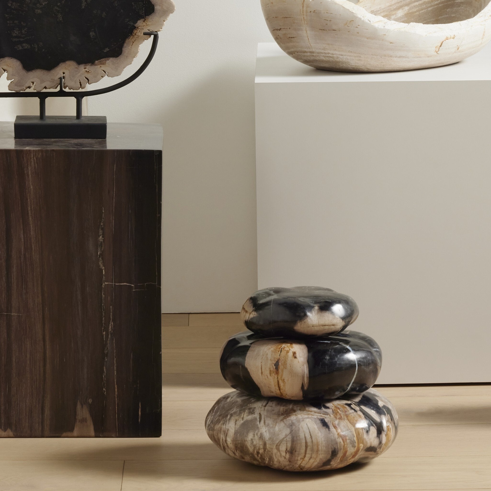 Four Hands Petrified Wood Organic Sculpture, Set Of 3 — Dark Petrified Wood