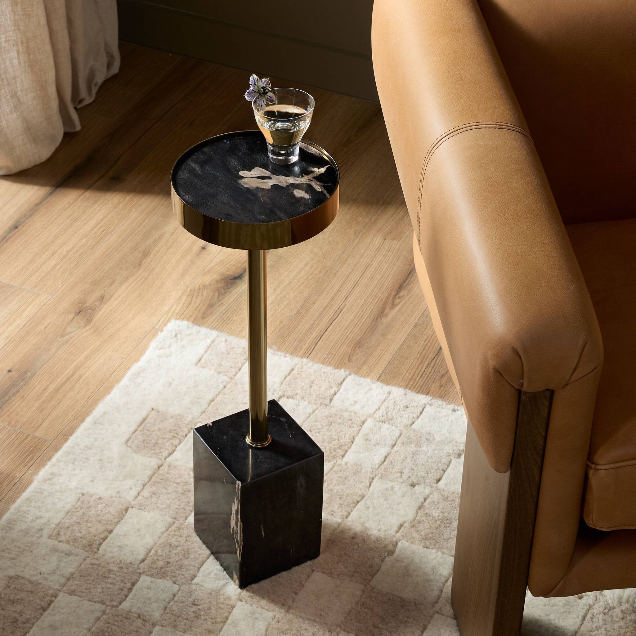 Four Hands Bevin End Table — Dark Petrified Wood-Shiny Brass